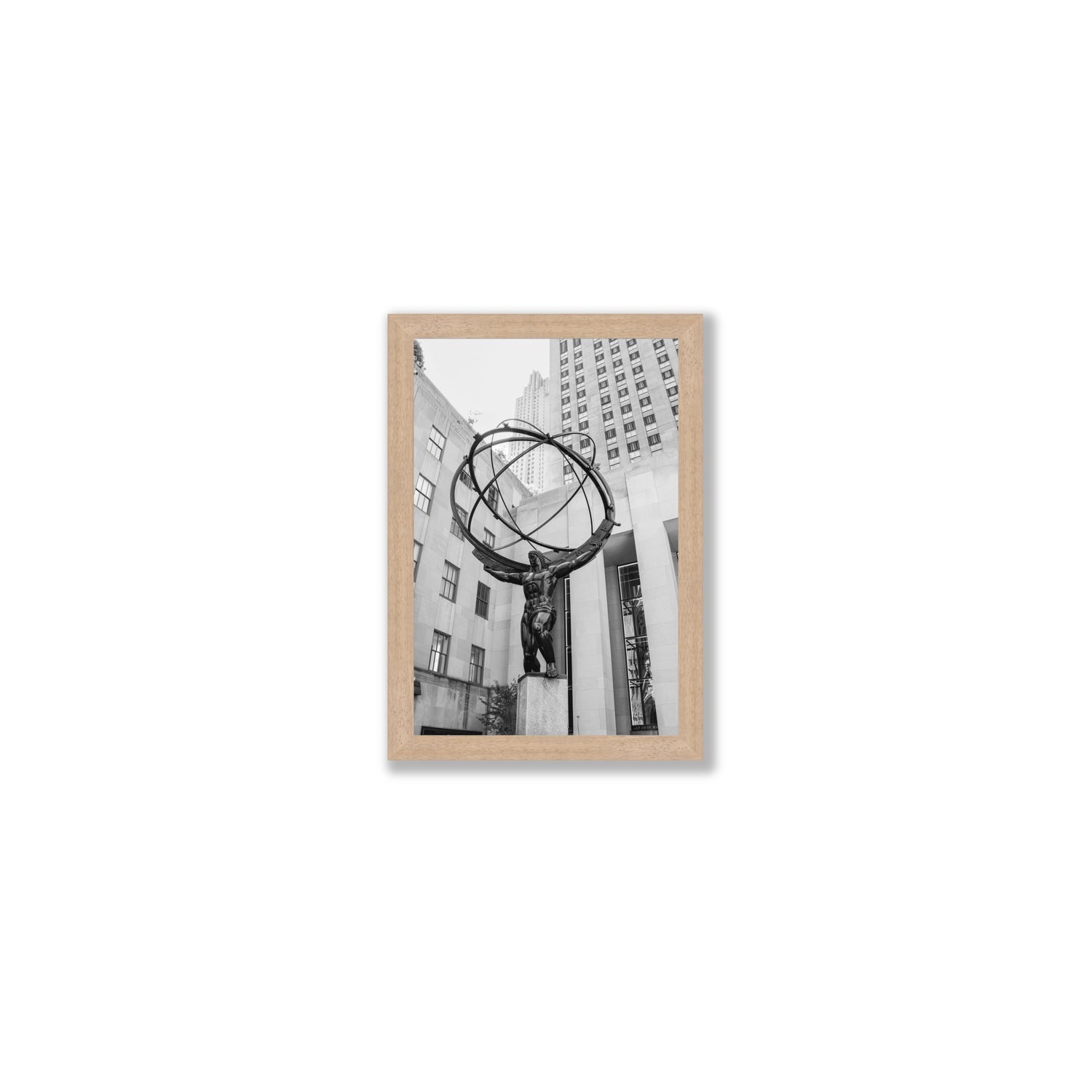 Atlas Ascends New York NYC Black & White wall art Small full-bleed fine art print in natural oak frame