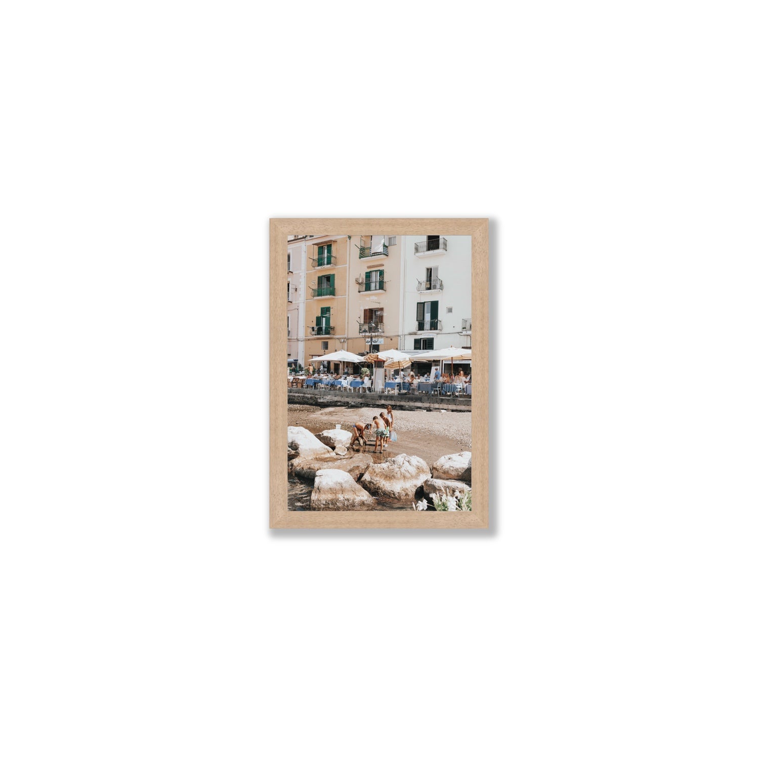 Sunny Playtime Sorrento coastal wall art Small full-bleed fine art print in natural oak frame