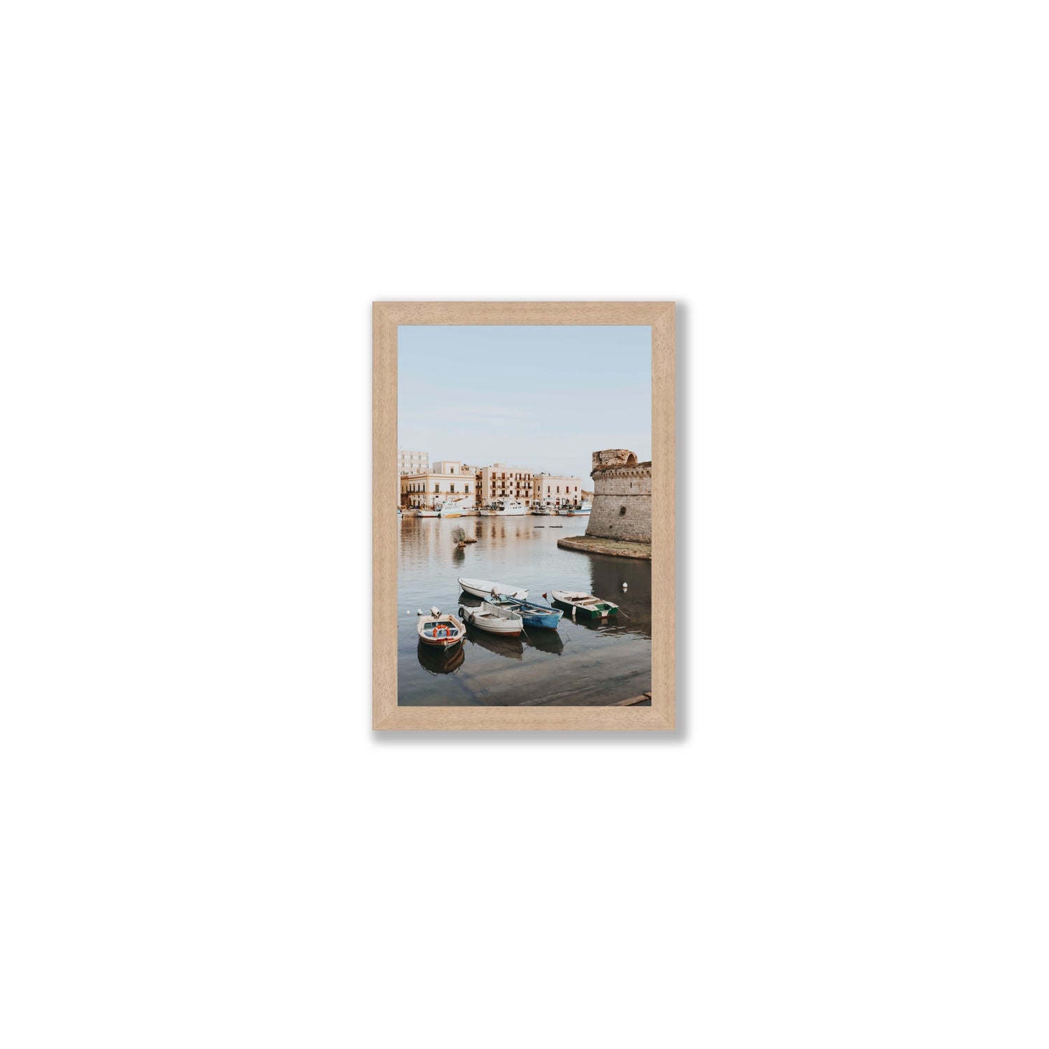 Gallipoli Harbour Puglia coastal wall art Small full-bleed fine art print in natural oak frame
