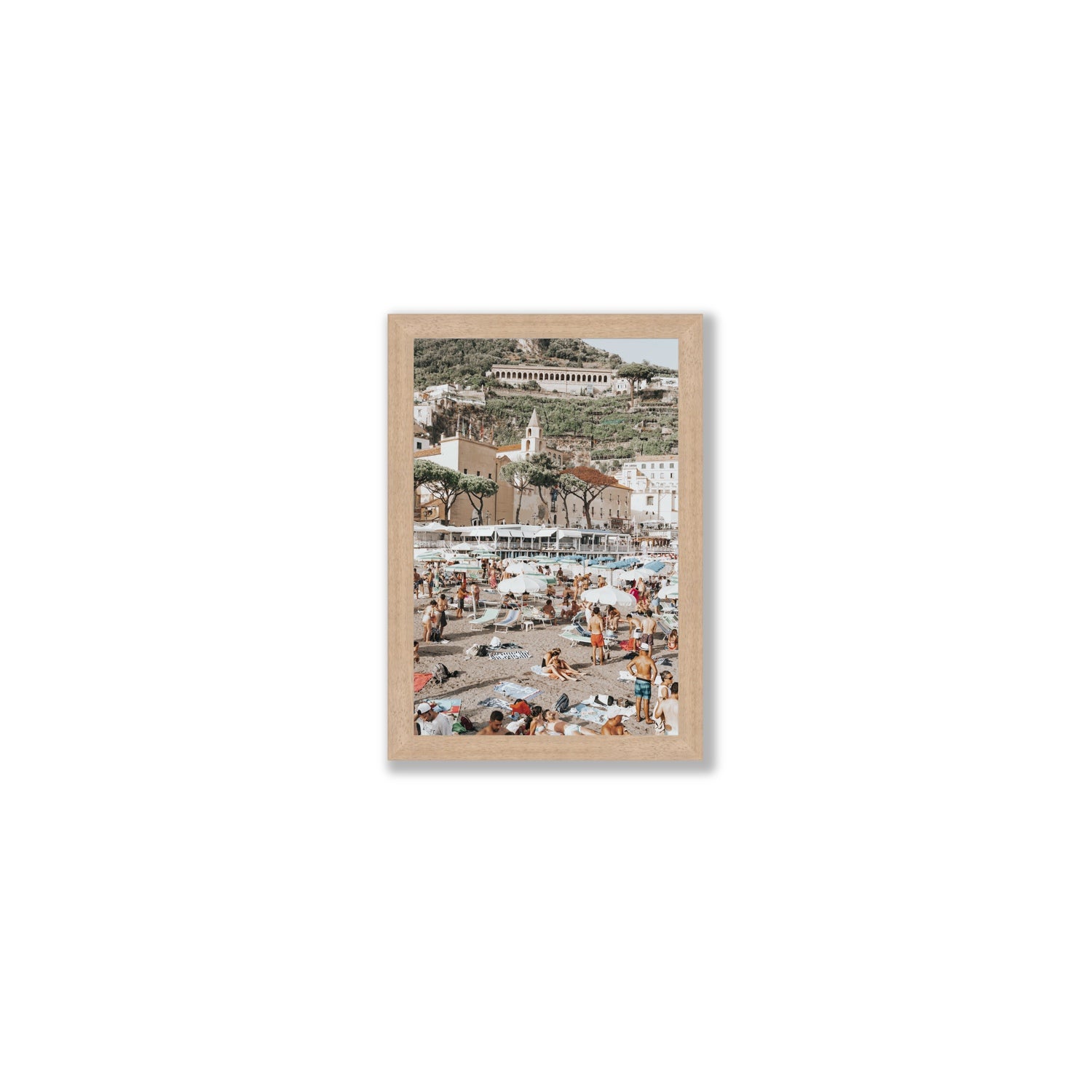 Festa In Spiaggia Amalfi coastal wall art Small full-bleed fine art print in natural oak frame