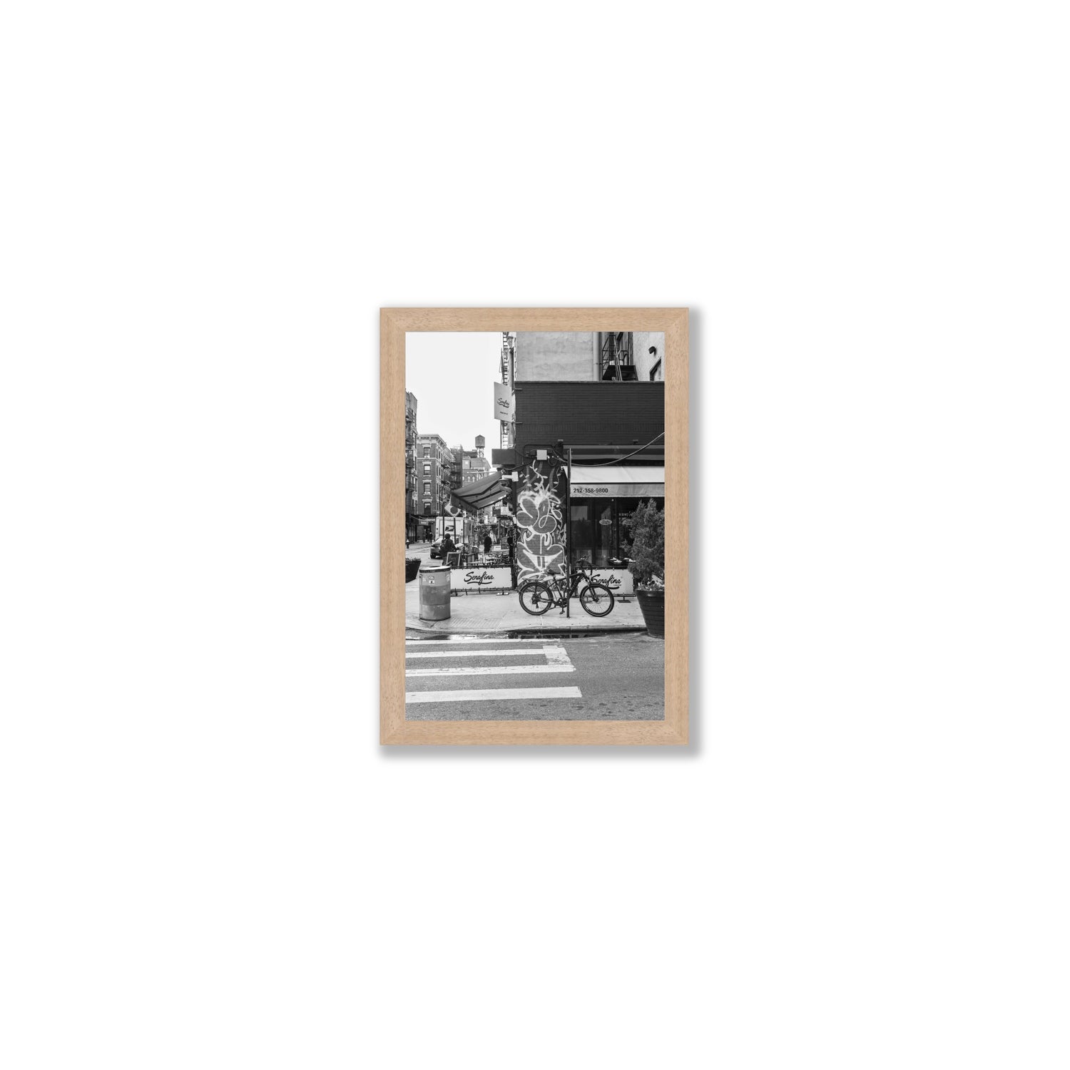 Cafe Canvas New York NYC Black & White wall art Small fine art canvas in natural oak frame view 2