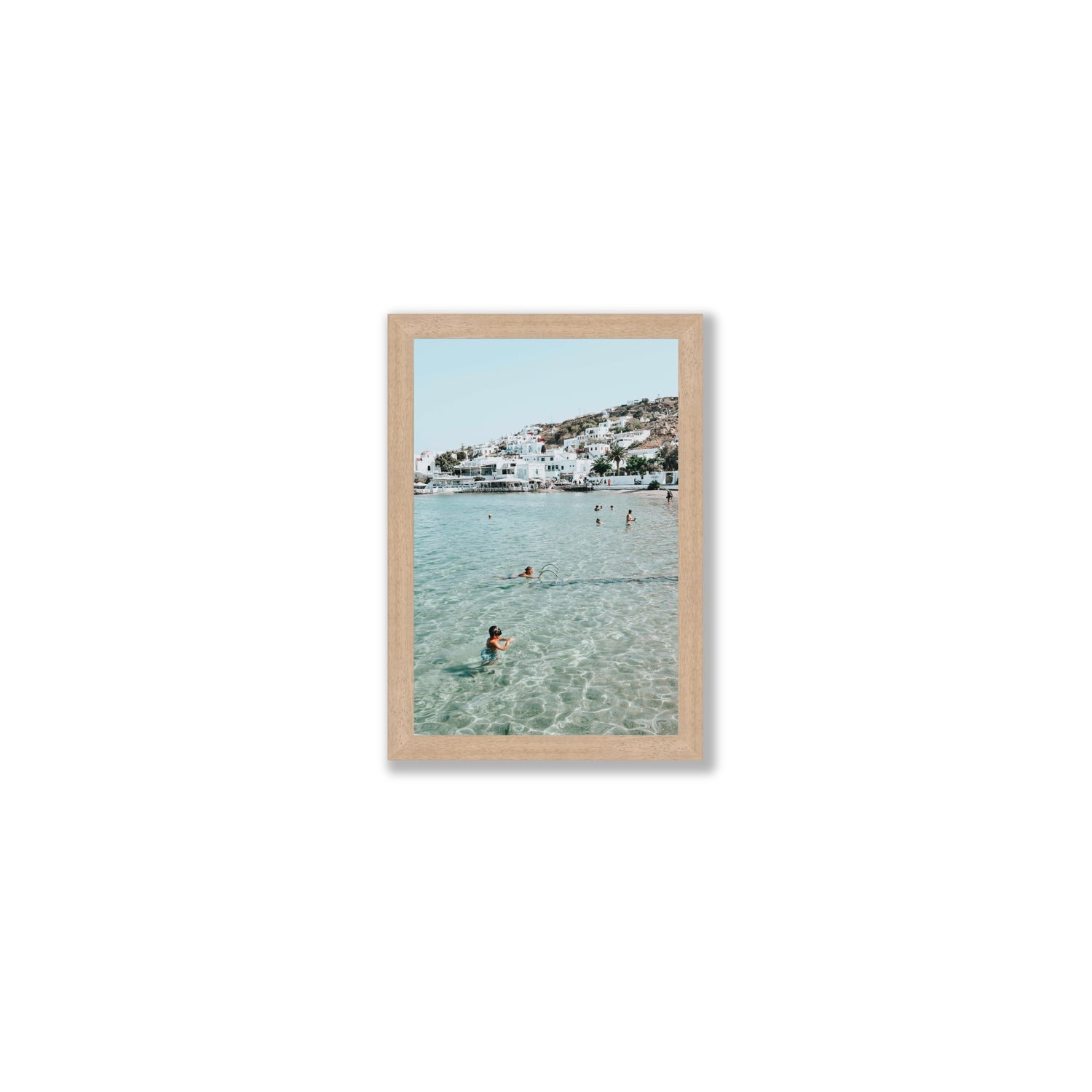 Beside The Seaside Mykonos beach Greek island wall art Small full-bleed fine art print in natural oak frame