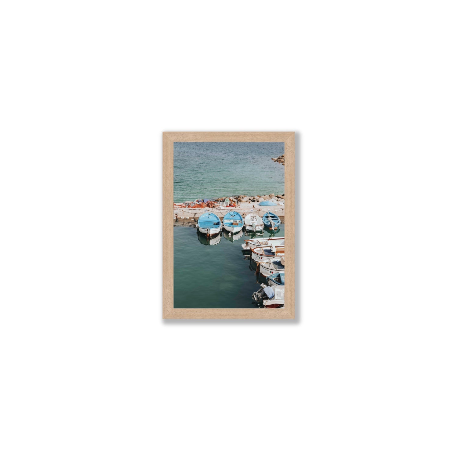 Maritime Memories Puglia Harbour Reflections coastal wall art Small full-bleed fine art print in natural oak frame