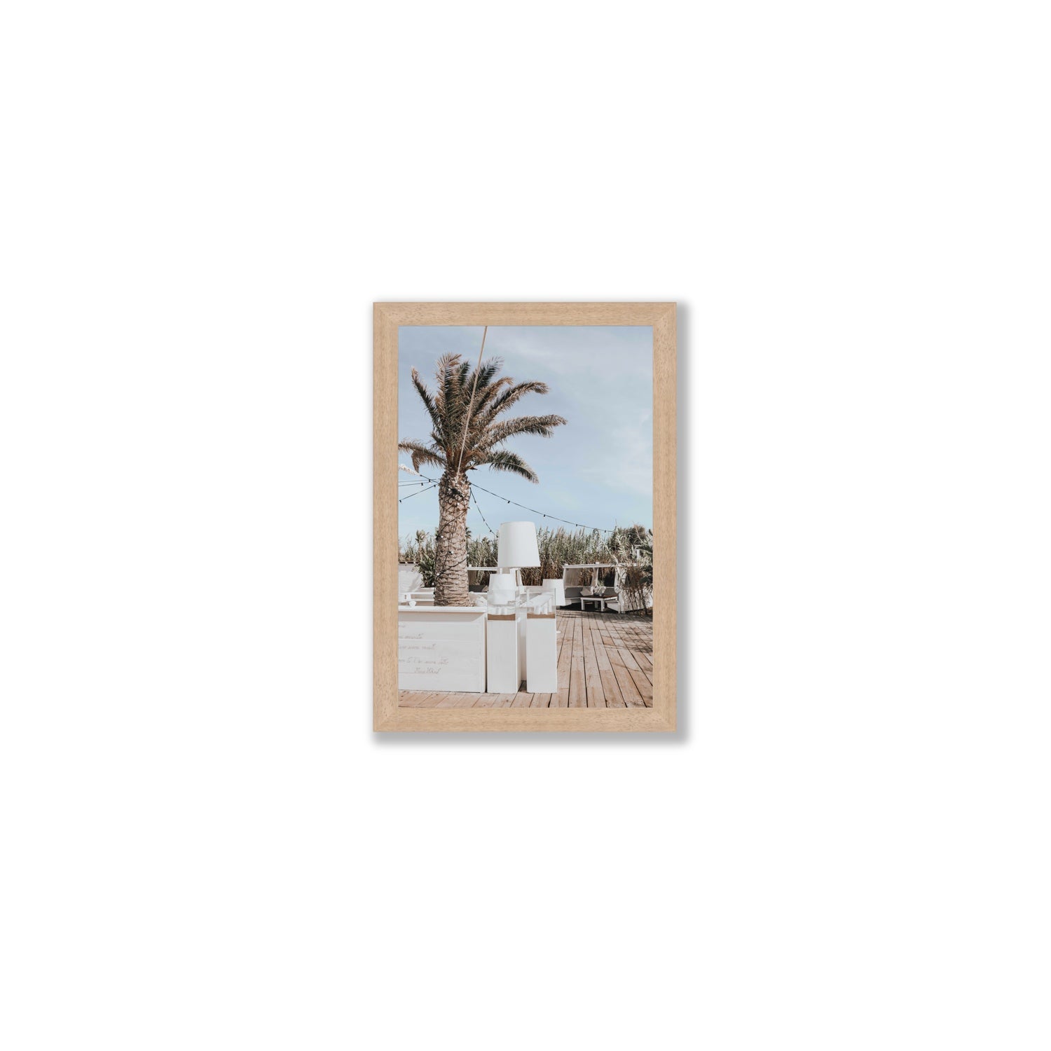 Seabreeze Palm Puglia coastal beach wall art Small full-bleed fine art print in natural oak frame