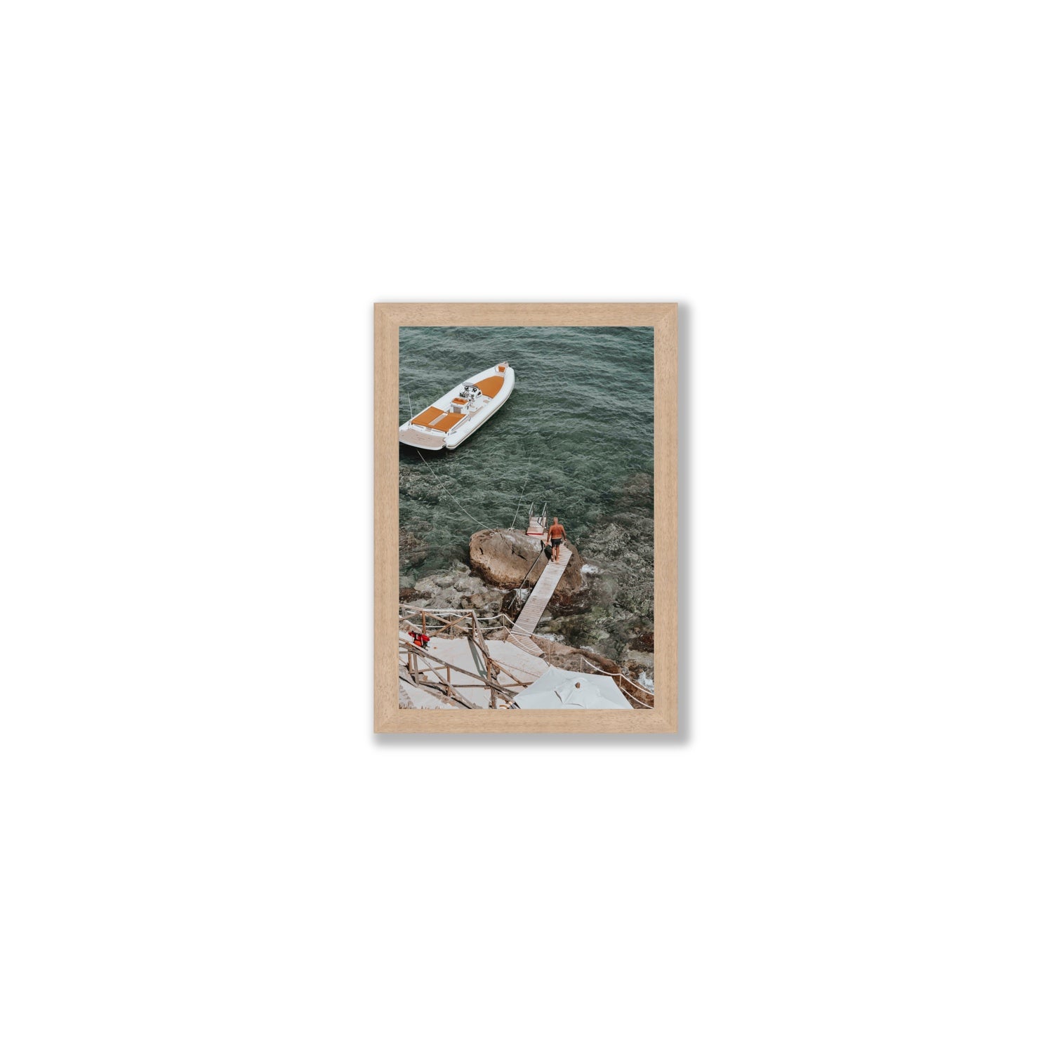 Secret Cove Tuscany coastal Italian wall art Small full-bleed fine art print in natural oak frame