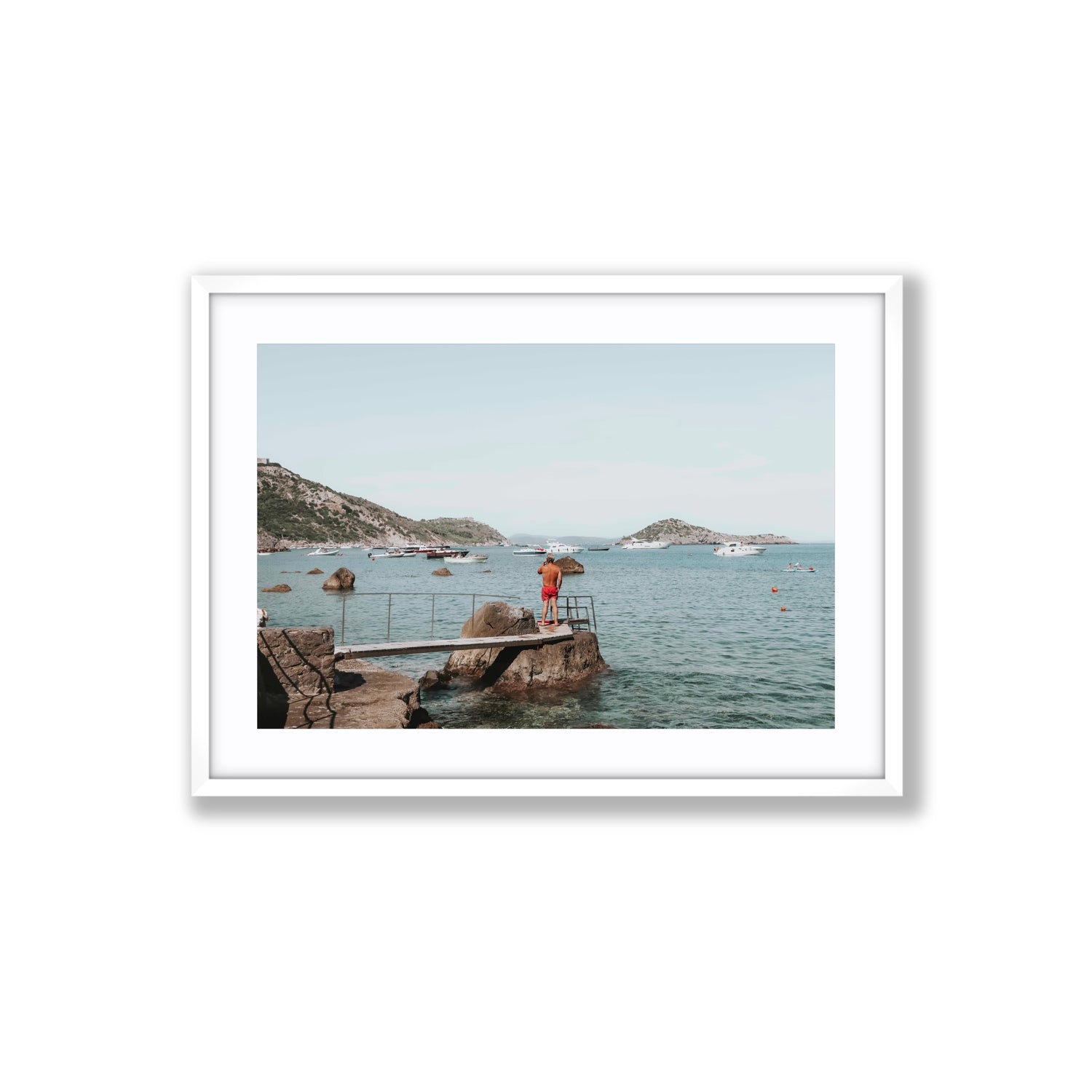 Out Of Office Tuscany coastal Italian wall art Large fine art print in white frame with matboard