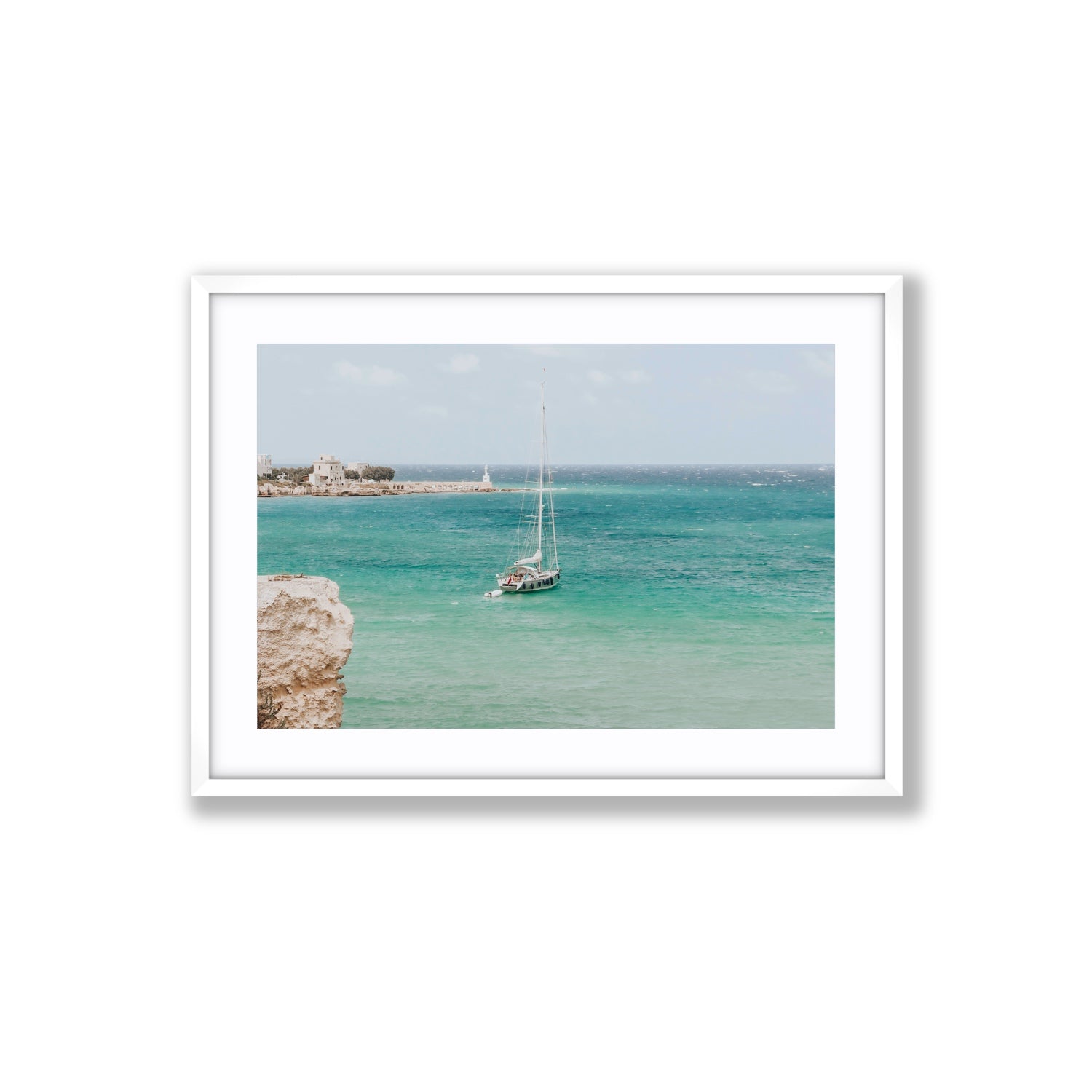 Adriatic Escape Puglia Italian coastal decor wall art Large fine art print in white frame with matboard
