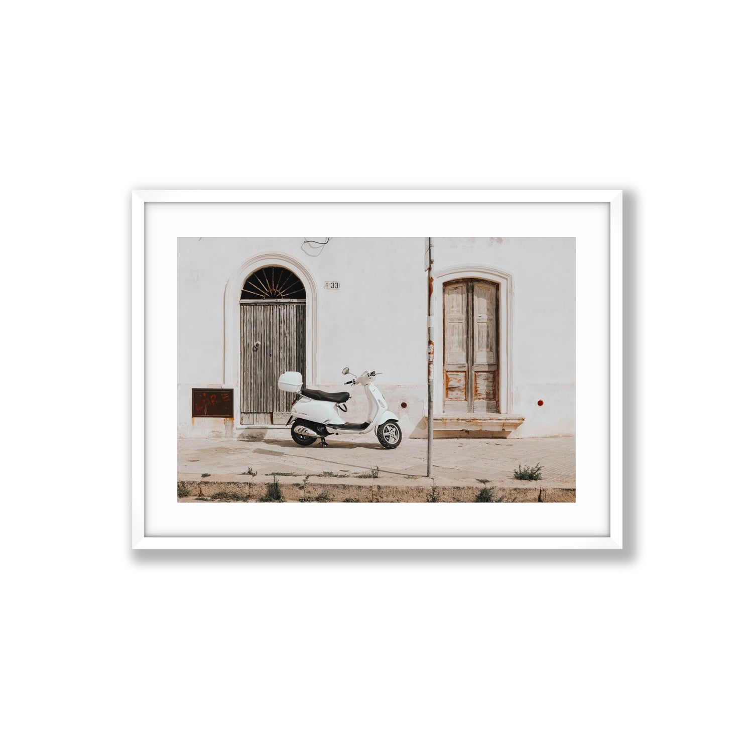 Vespa Nostalgia Puglia Italian wall art Large fine art print in white frame with matboard