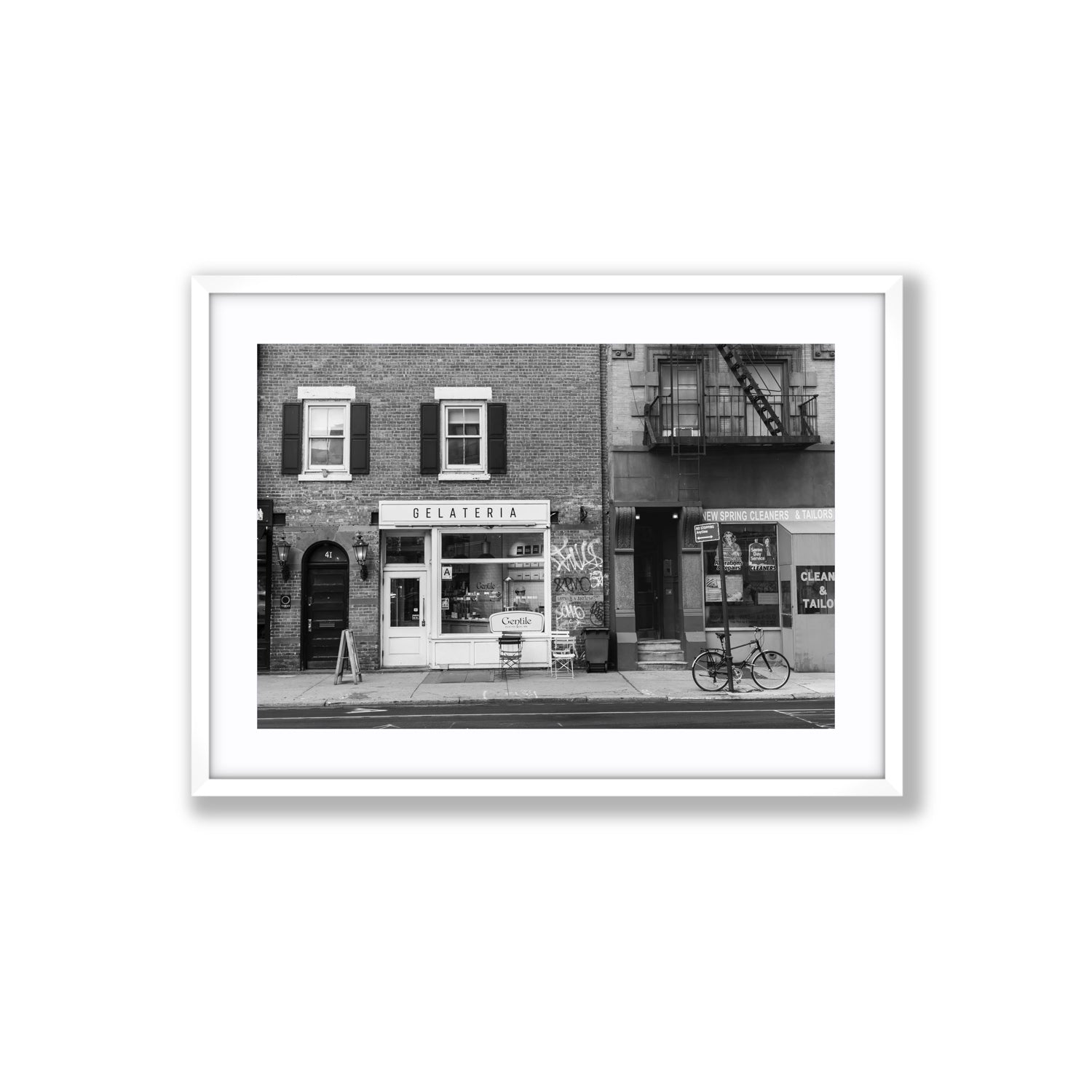 West Village Dolcezza New York NYC Black & White wall art Large fine art print in white frame with matboard