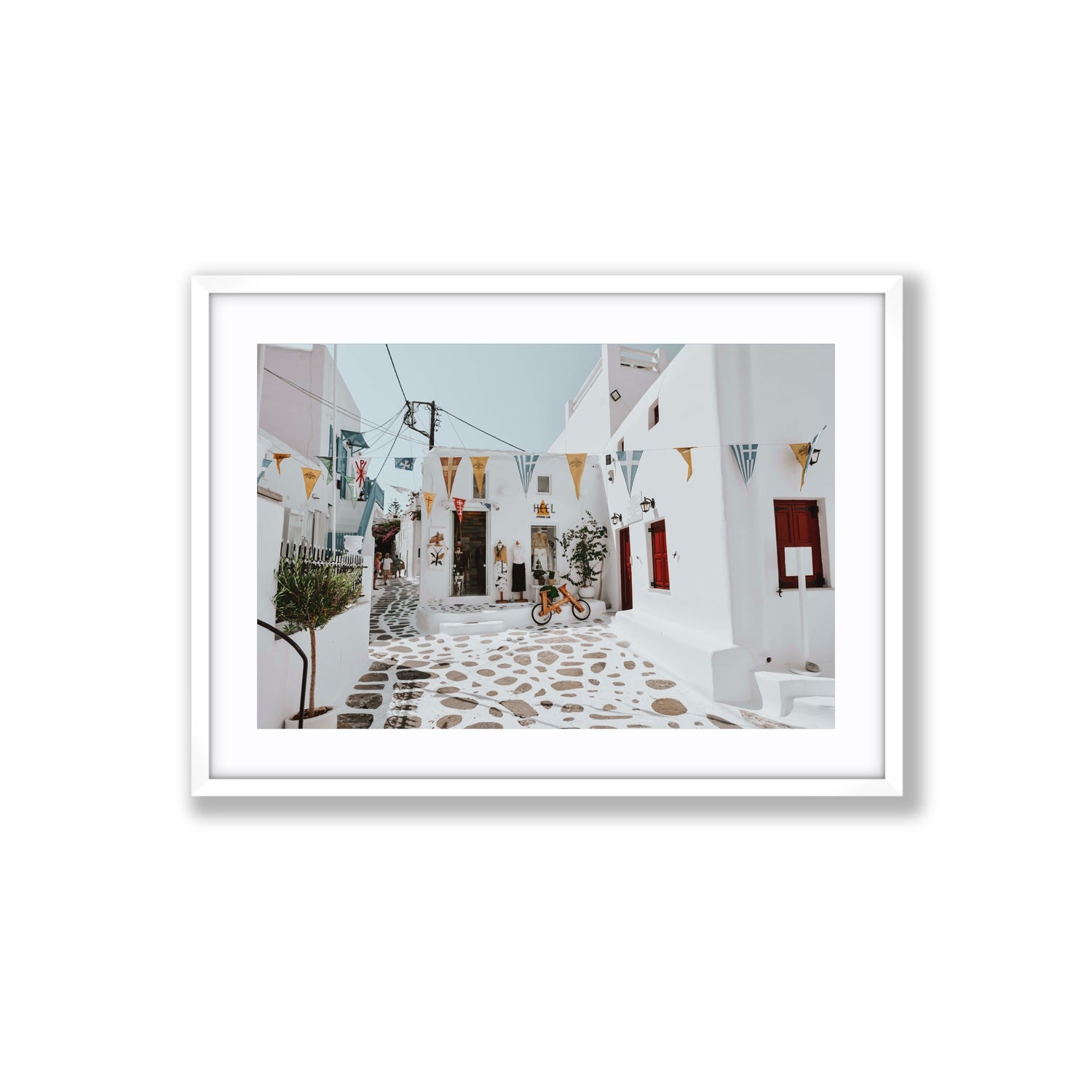 Cruising The Streets Mykonos Greek island wall art Large fine art print in white frame with matboard