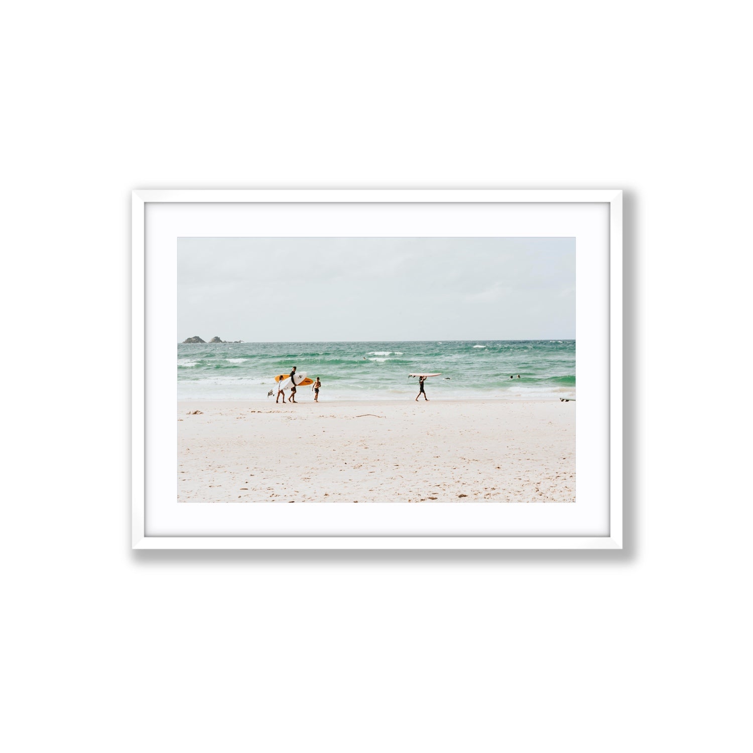 La Famiglia Byron Bay Family Surf coastal wall art Large fine art print in white frame with matboard