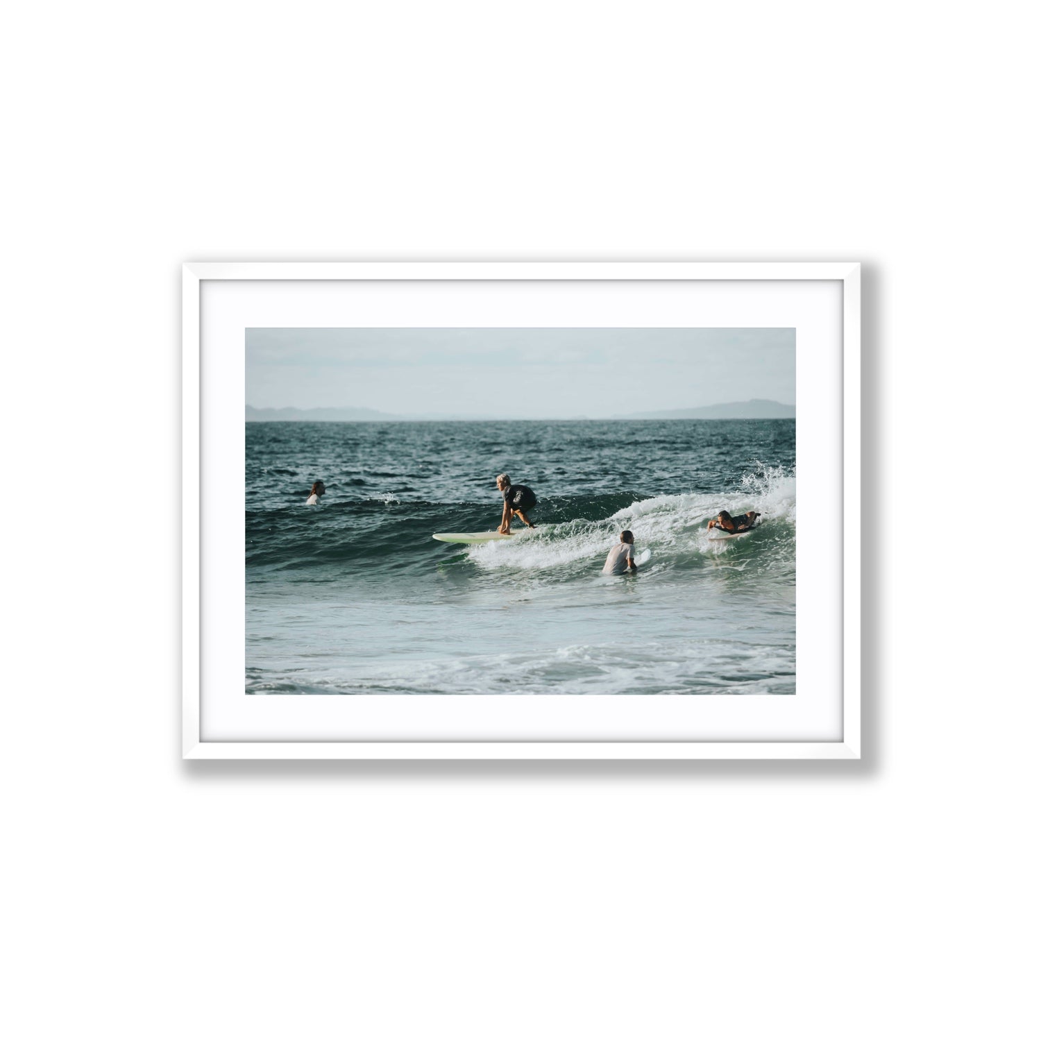 The Boys of Summer Byron Bay Surf coastal wall art Large fine art print in white frame with matboard