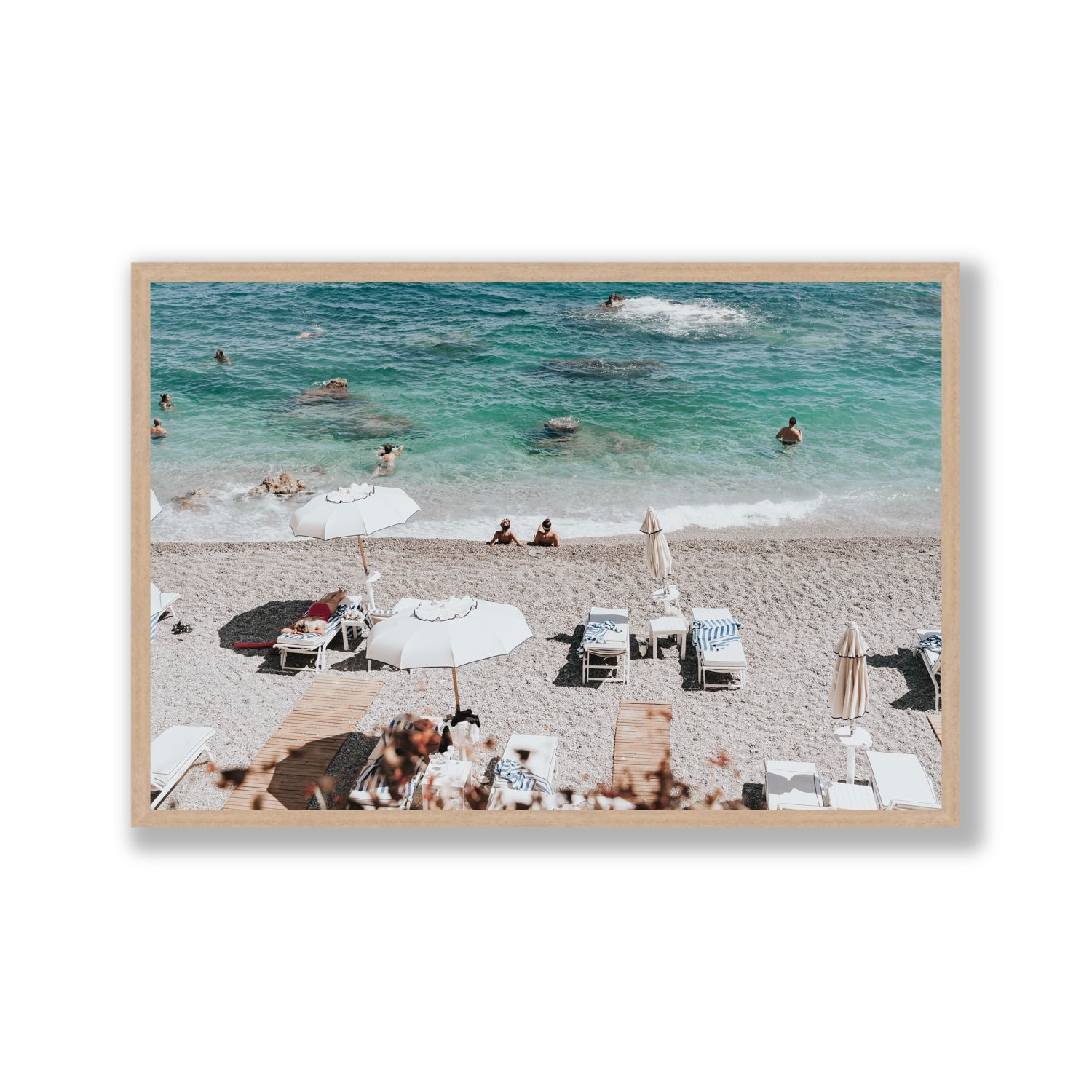 Amicizia Amalfi Italian beach wall art Gallery full-bleed fine art print in natural oak frame