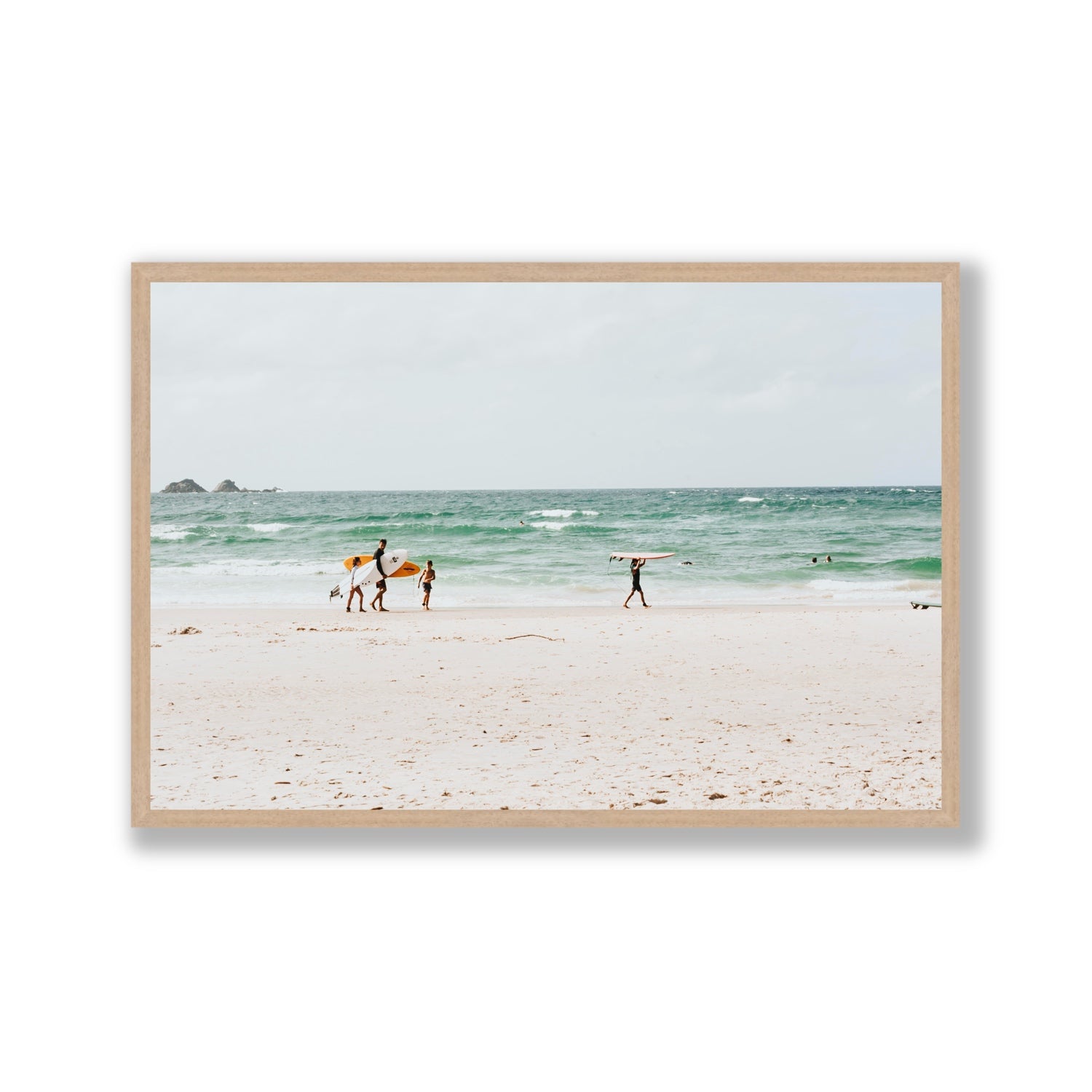 La Famiglia Byron Bay Family Surf coastal wall art Gallery full-bleed fine art print in natural oak frame