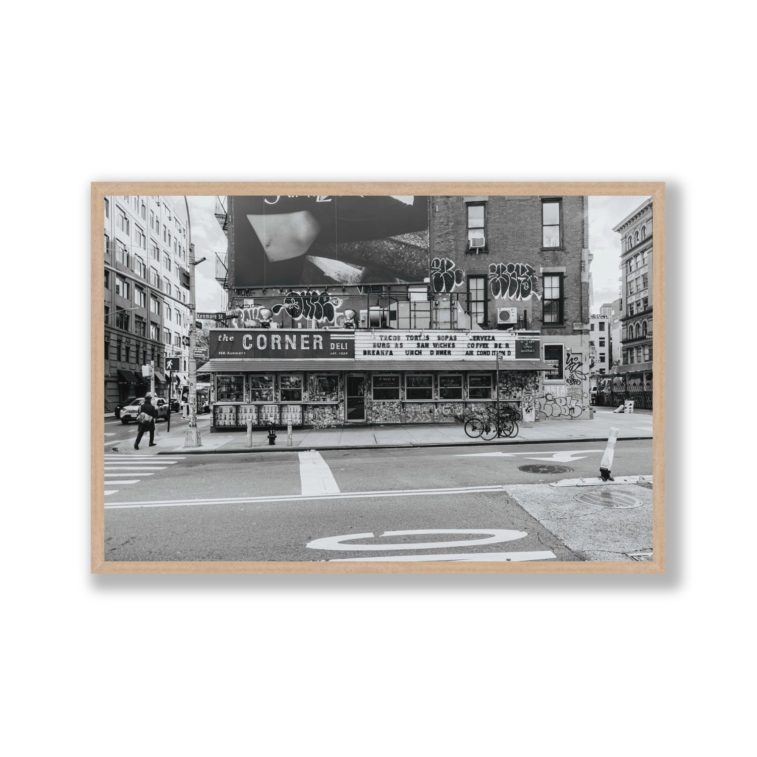Kenmare Street New York NYC Black & White wall art Gallery full-bleed fine art print in natural oak frame