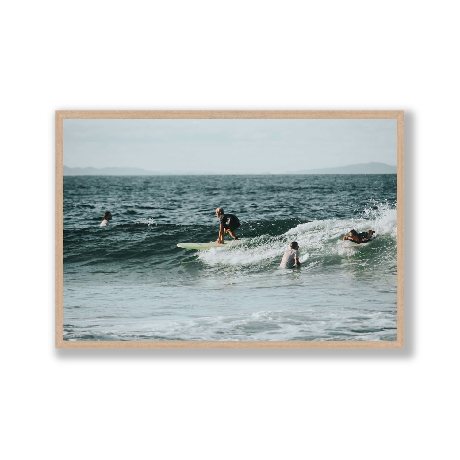 The Boys of Summer Byron Bay Surf coastal wall art Gallery full-bleed fine art print in natural oak frame