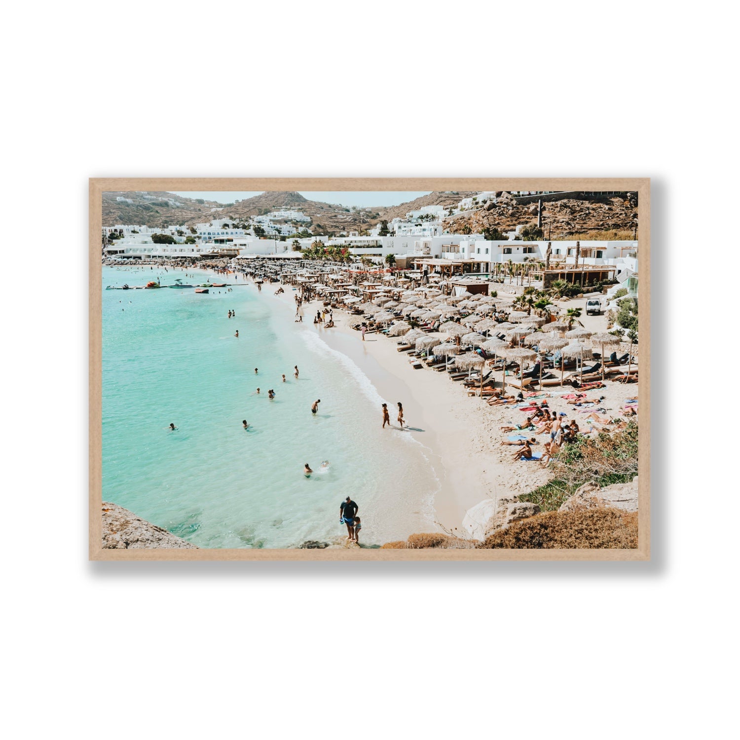 Aquaholic Mykonos Greek island wall art Gallery full-bleed fine art print in natural oak frame