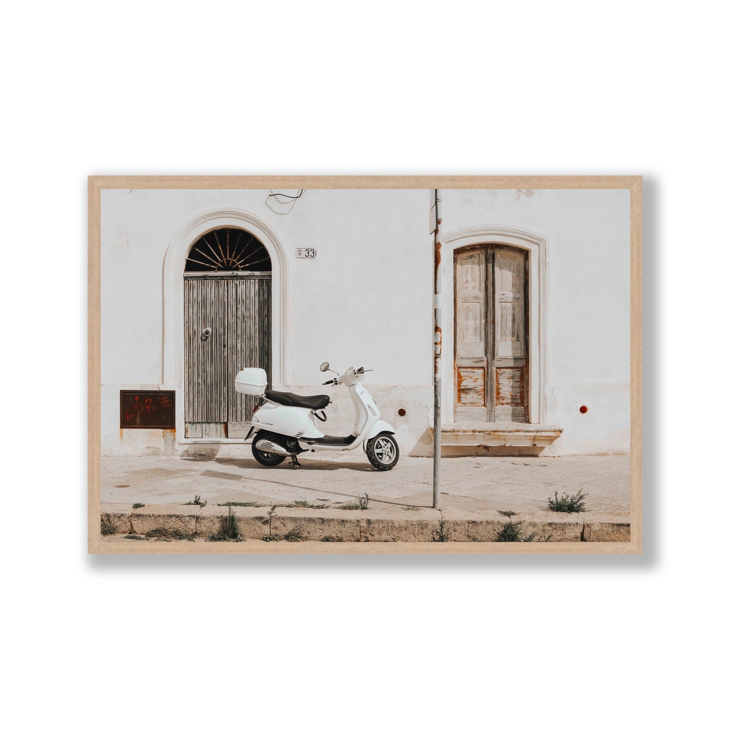 Vespa Nostalgia Puglia Italian wall art Gallery full-bleed fine art print in natural oak frame