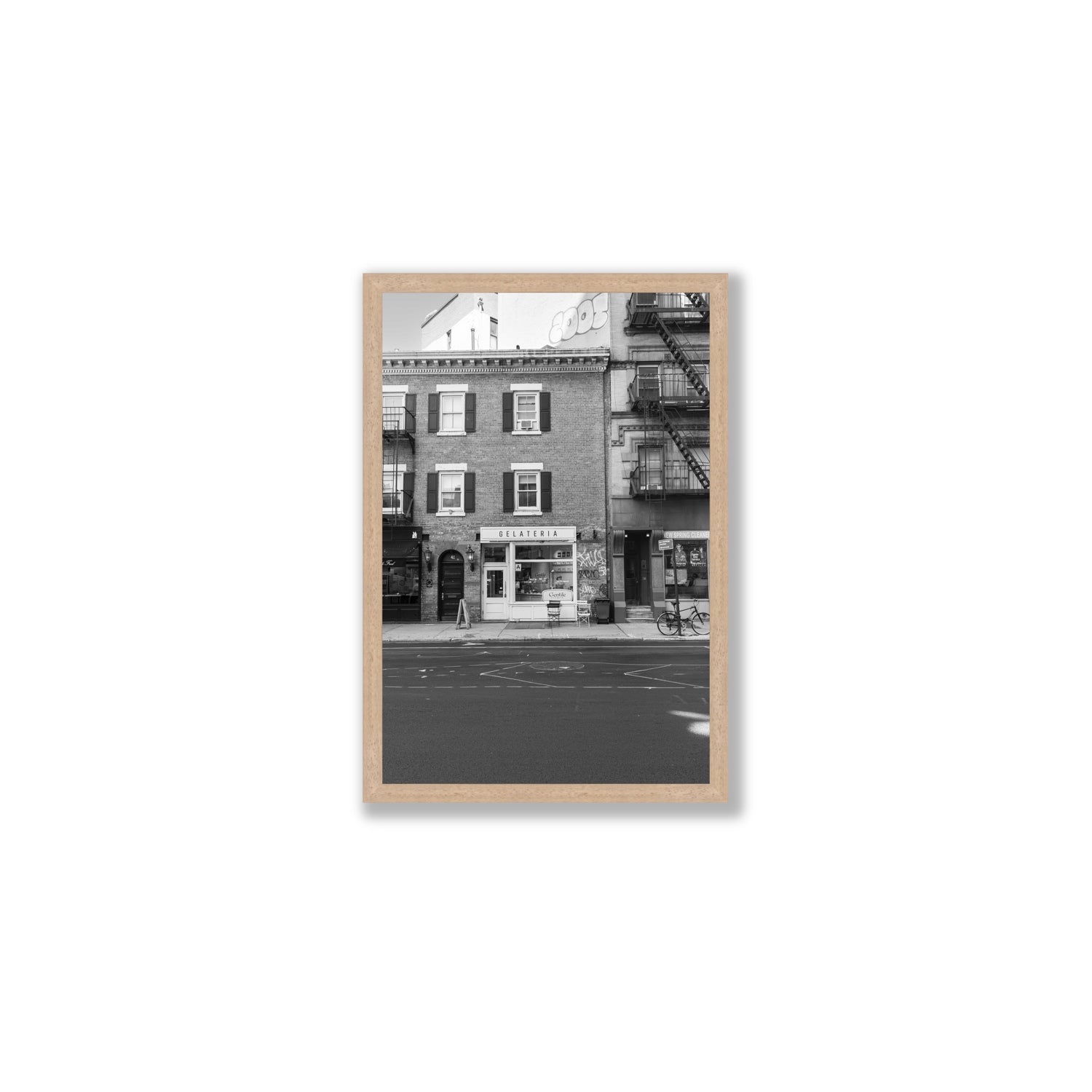 Gelateria New York NYC Black & White wall art Medium full-bleed fine art print in natural oak frame