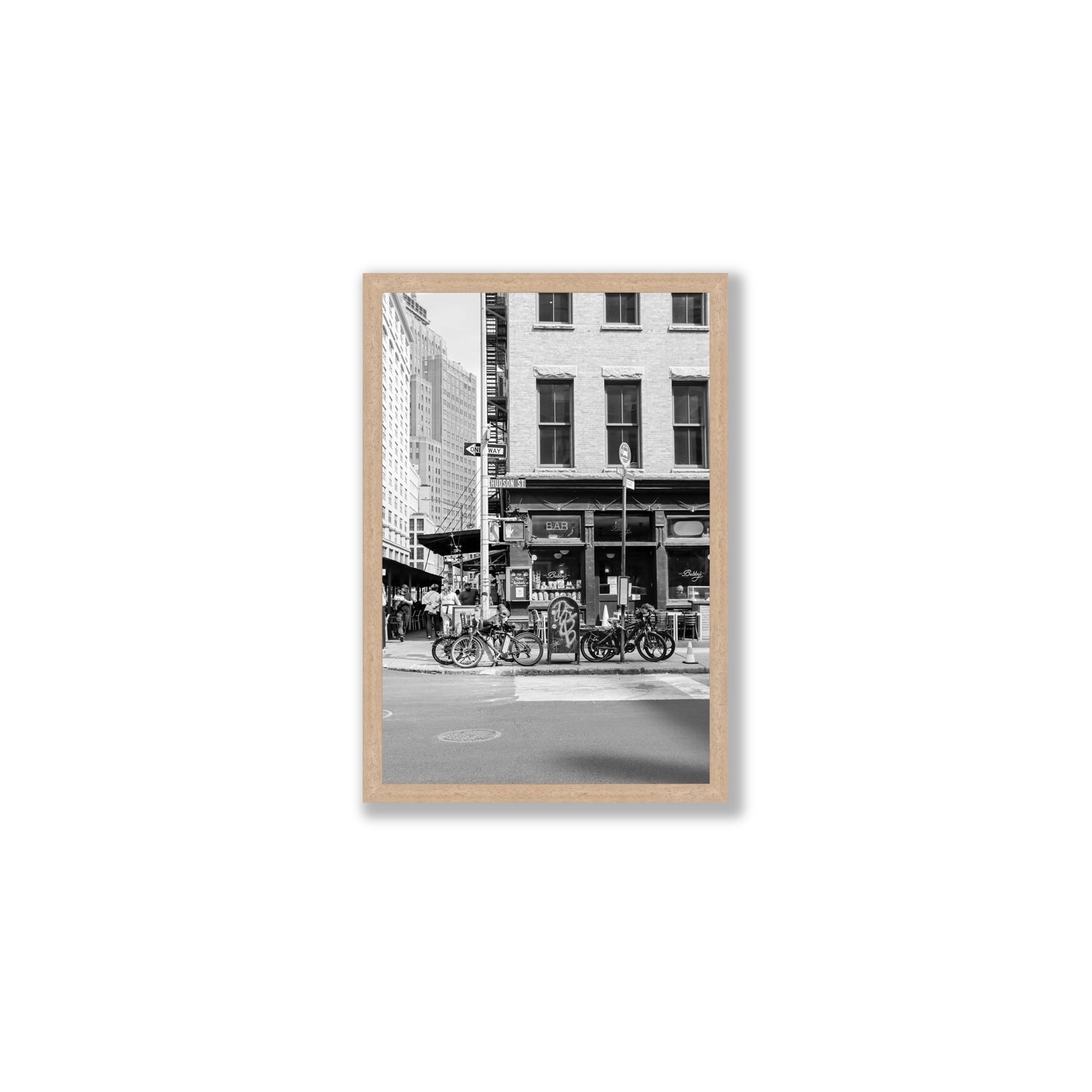 Bites Of The Big Apple New York NYC Black & White wall art Medium full-bleed fine art print in natural oak frame