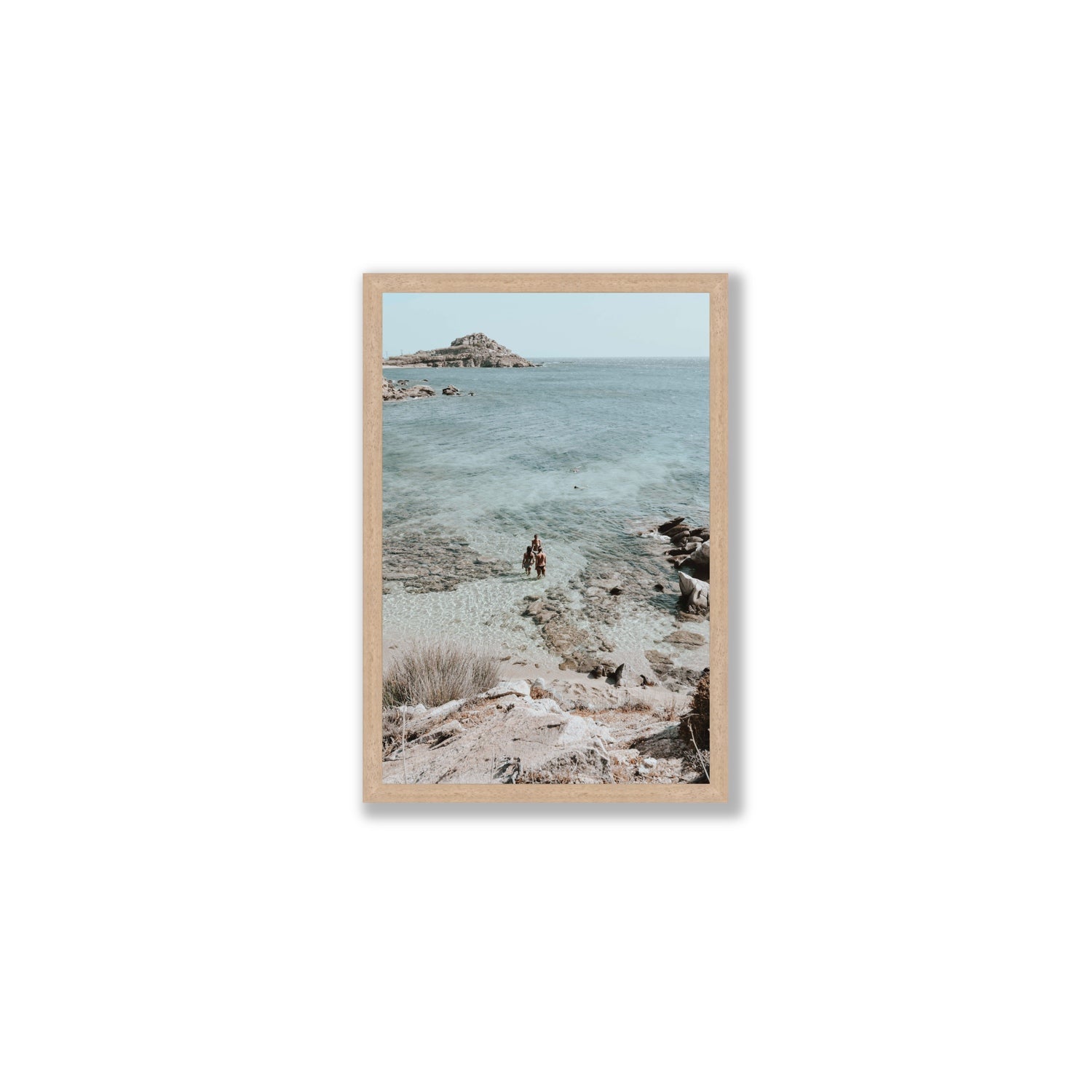 Island Life Mykonos coastal Greek island wall art Medium full-bleed fine art print in natural oak frame