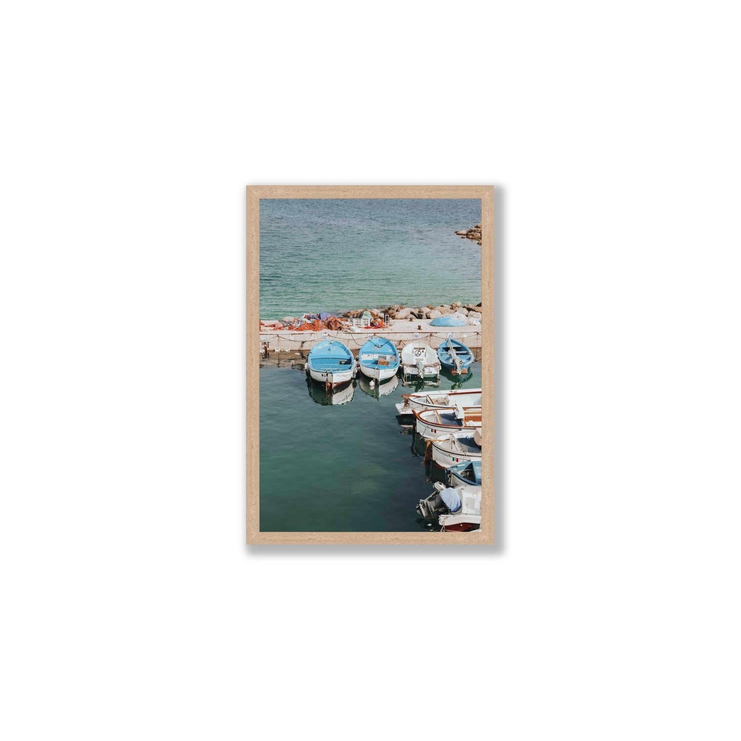 Maritime Memories Puglia Harbour Reflections coastal wall art Medium full-bleed fine art print in natural oak frame