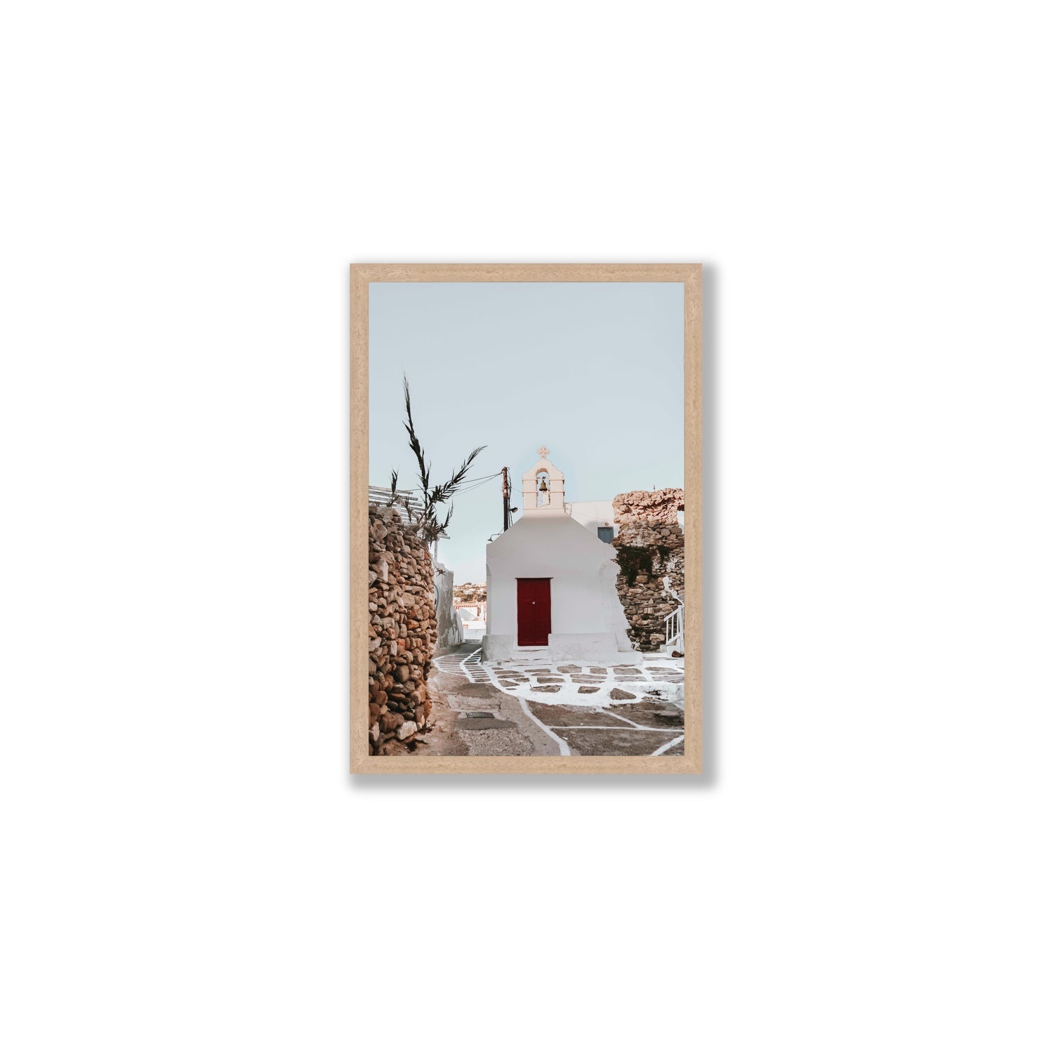 Little Chapel Mykonos Greek island wall art Medium full-bleed fine art print in natural oak frame