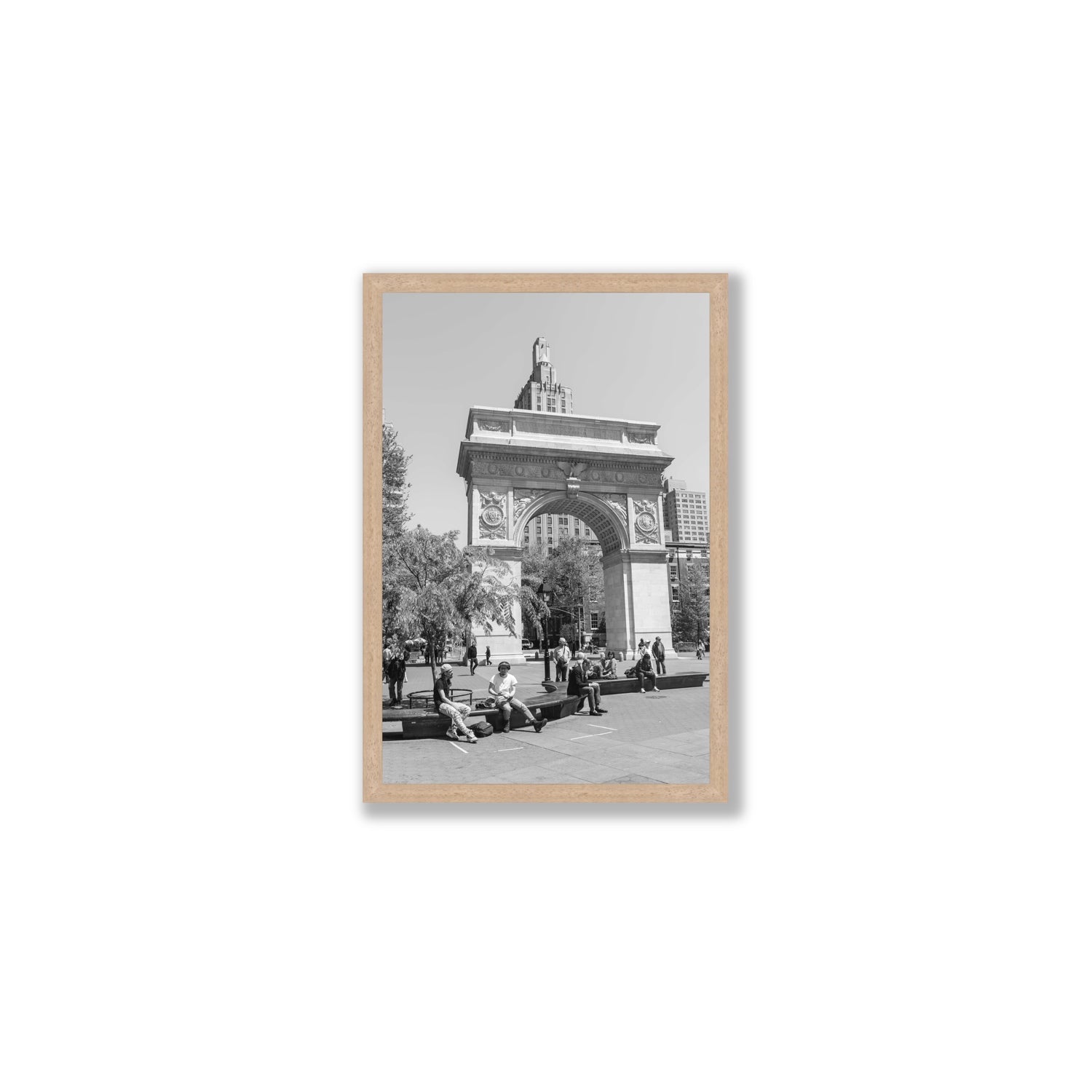 City Picnic New York NYC Black & White wall art Medium full-bleed fine art print in natural oak frame