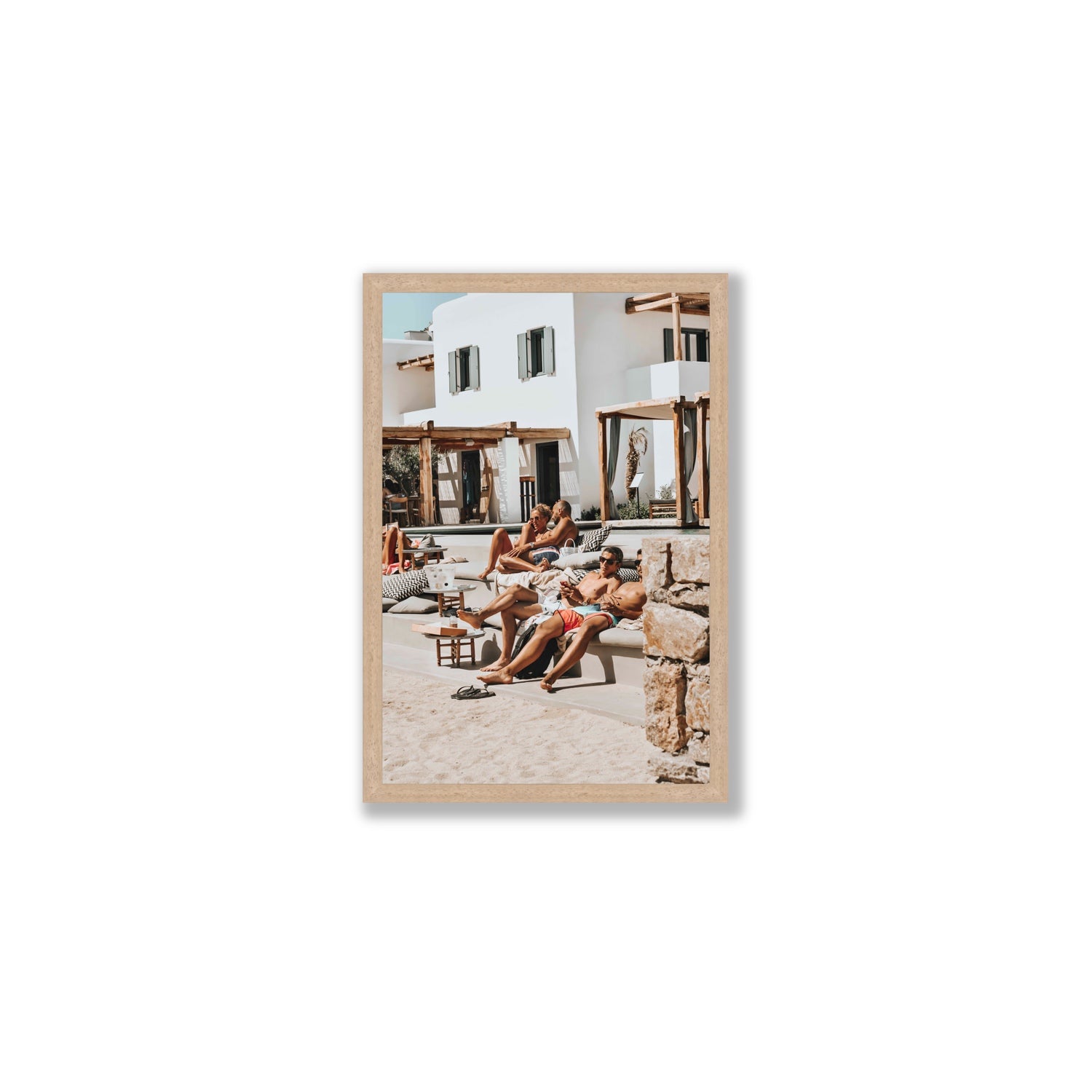 Style That Sizzles Mykonos Greek island wall art Medium full-bleed fine art print in natural oak frame