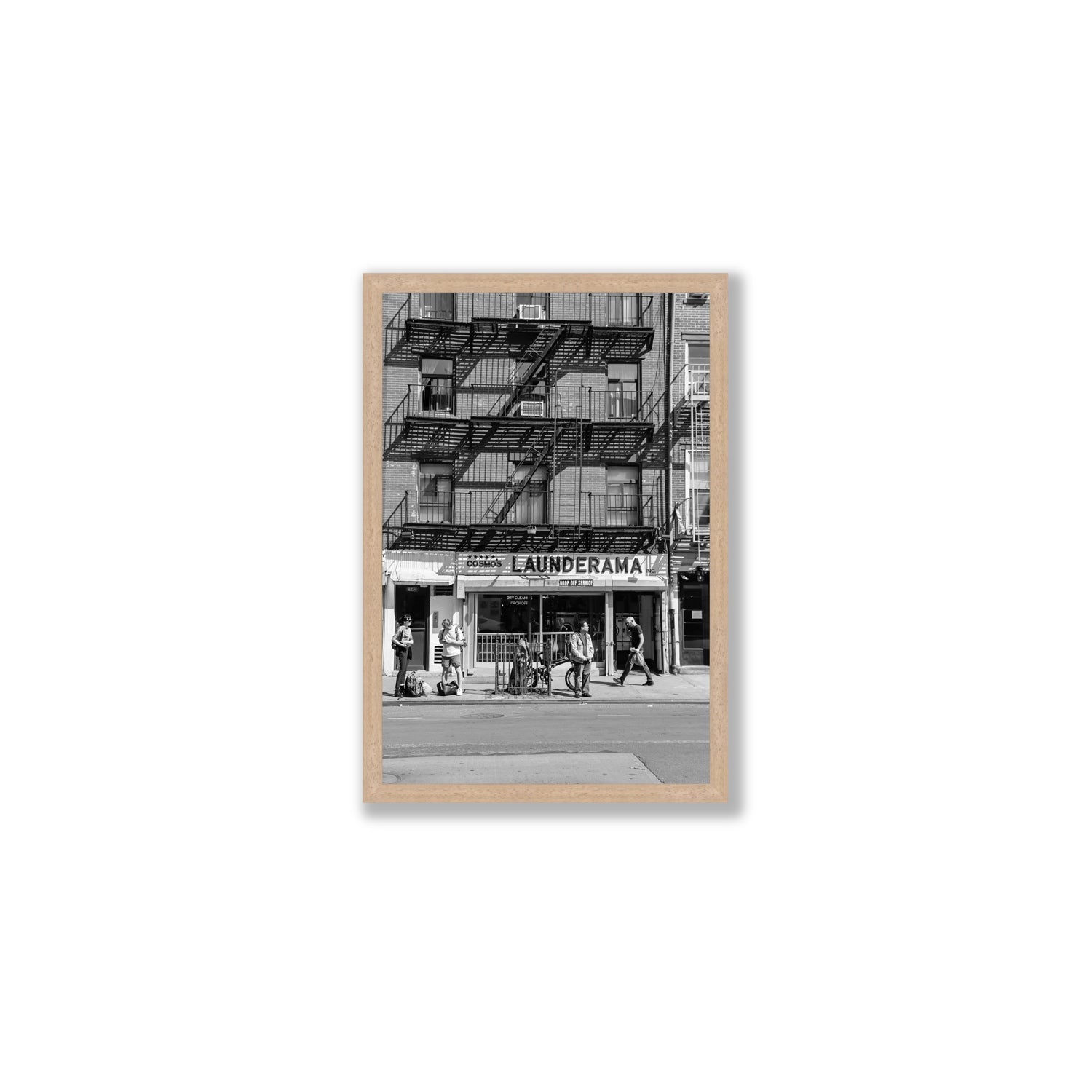 Bus Stop New York NYC Black & White wall art Medium full-bleed fine art print in natural oak frame