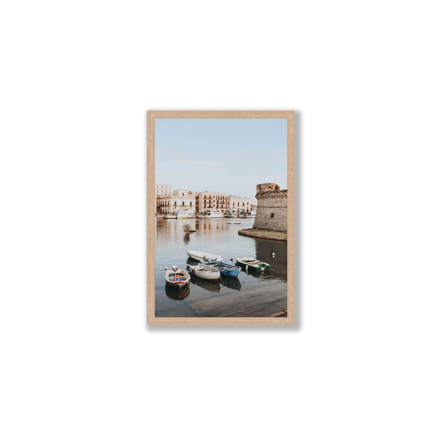 Gallipoli Harbour Puglia coastal wall art Medium full-bleed fine art print in natural oak frame