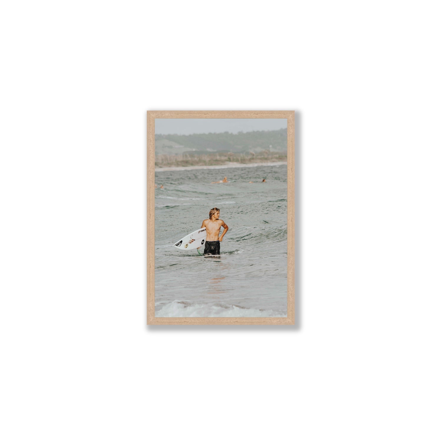 Chasing Mavericks Byron Bay Surf coastal wall art Medium full-bleed fine art print in natural oak frame