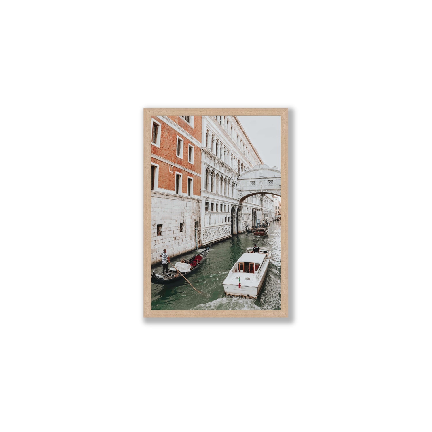 Under the Bridge Venice Gondola Italian wall art Medium full-bleed fine art print in natural oak frame