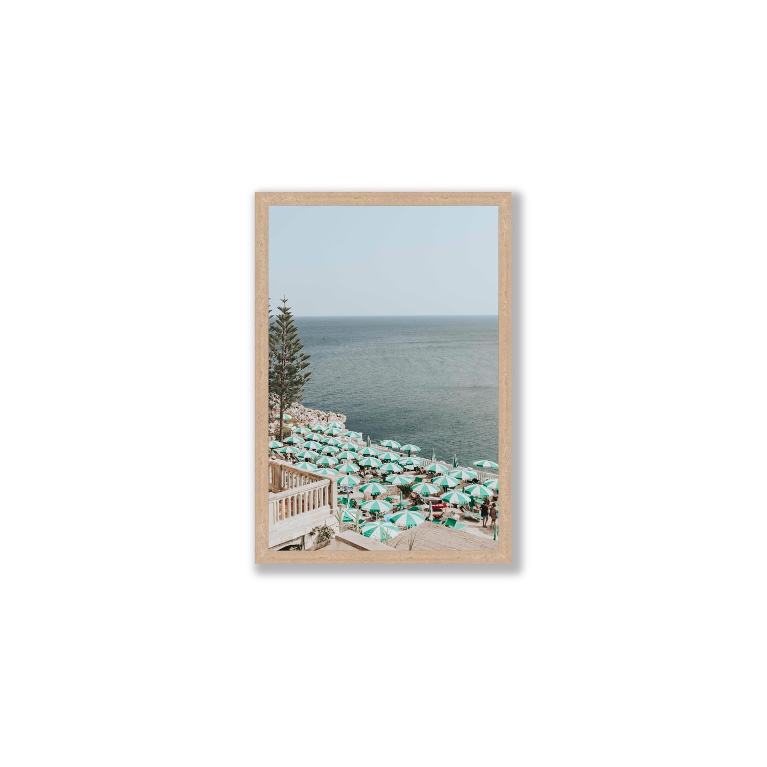 Sun-drenched Stripes Puglia beach coastal wall art Medium full-bleed fine art print in natural oak frame