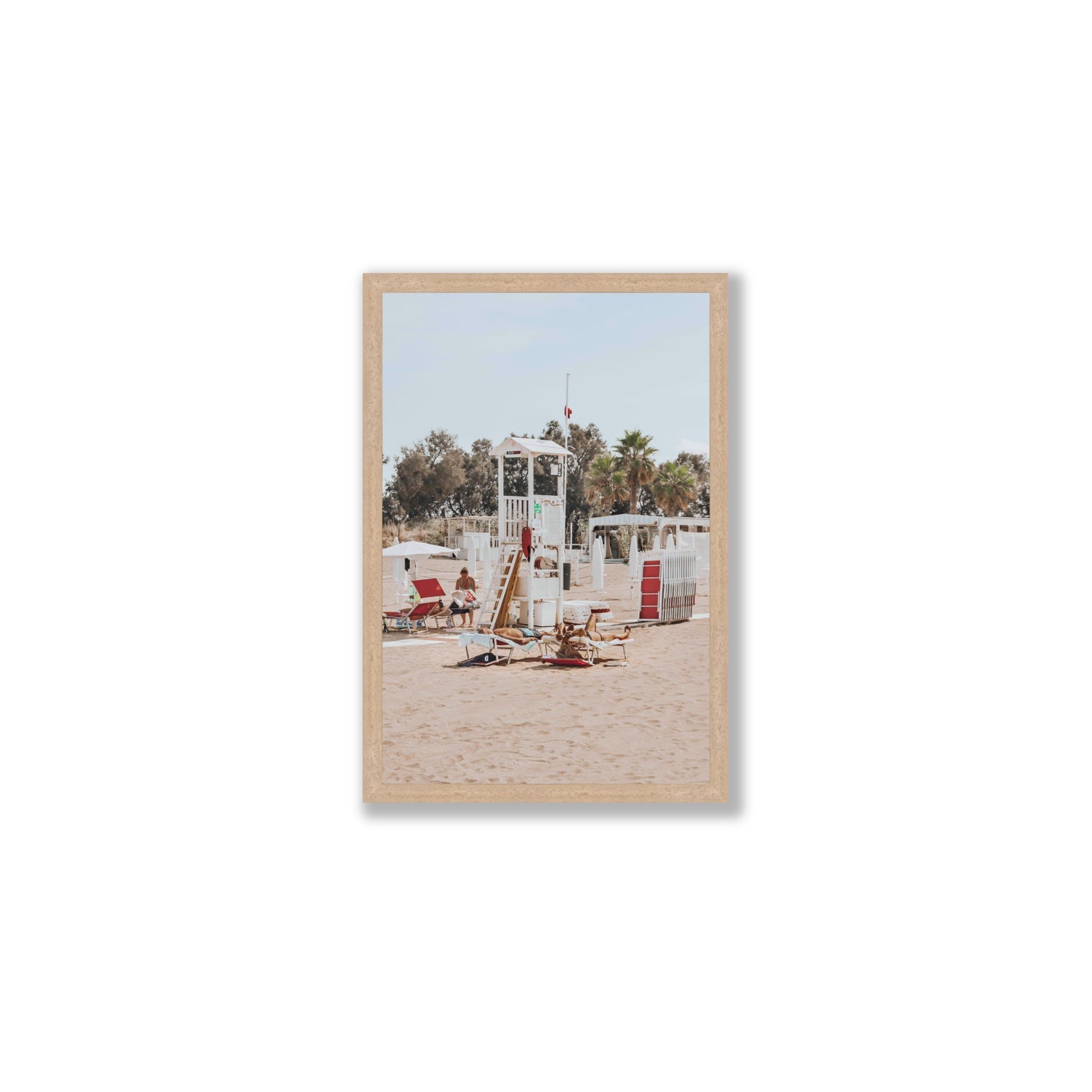 Red Lounge Reverie Puglia beach coastal wall art Medium full-bleed fine art print in natural oak frame