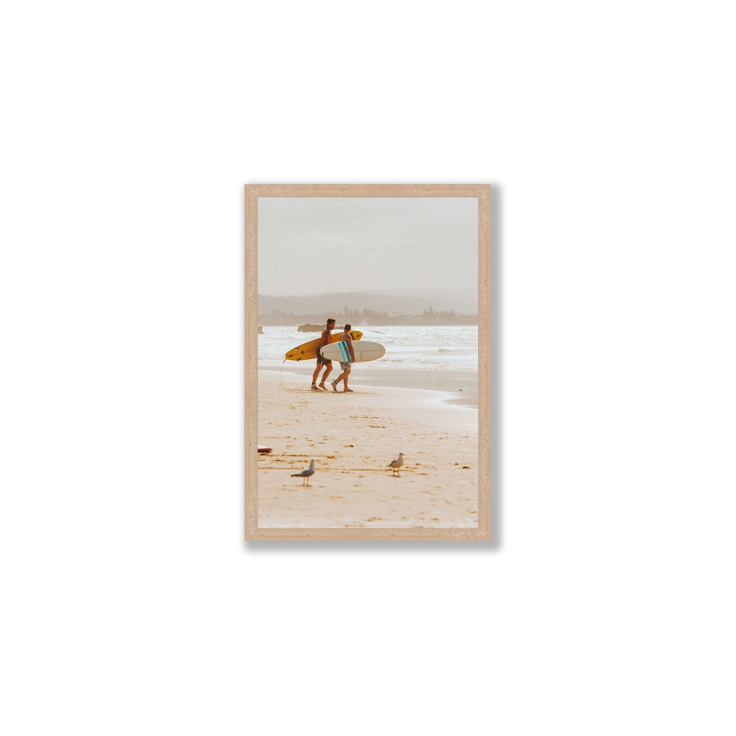Shane & Benji Byron Bay Surf coastal wall art Medium full-bleed fine art print in natural oak frame