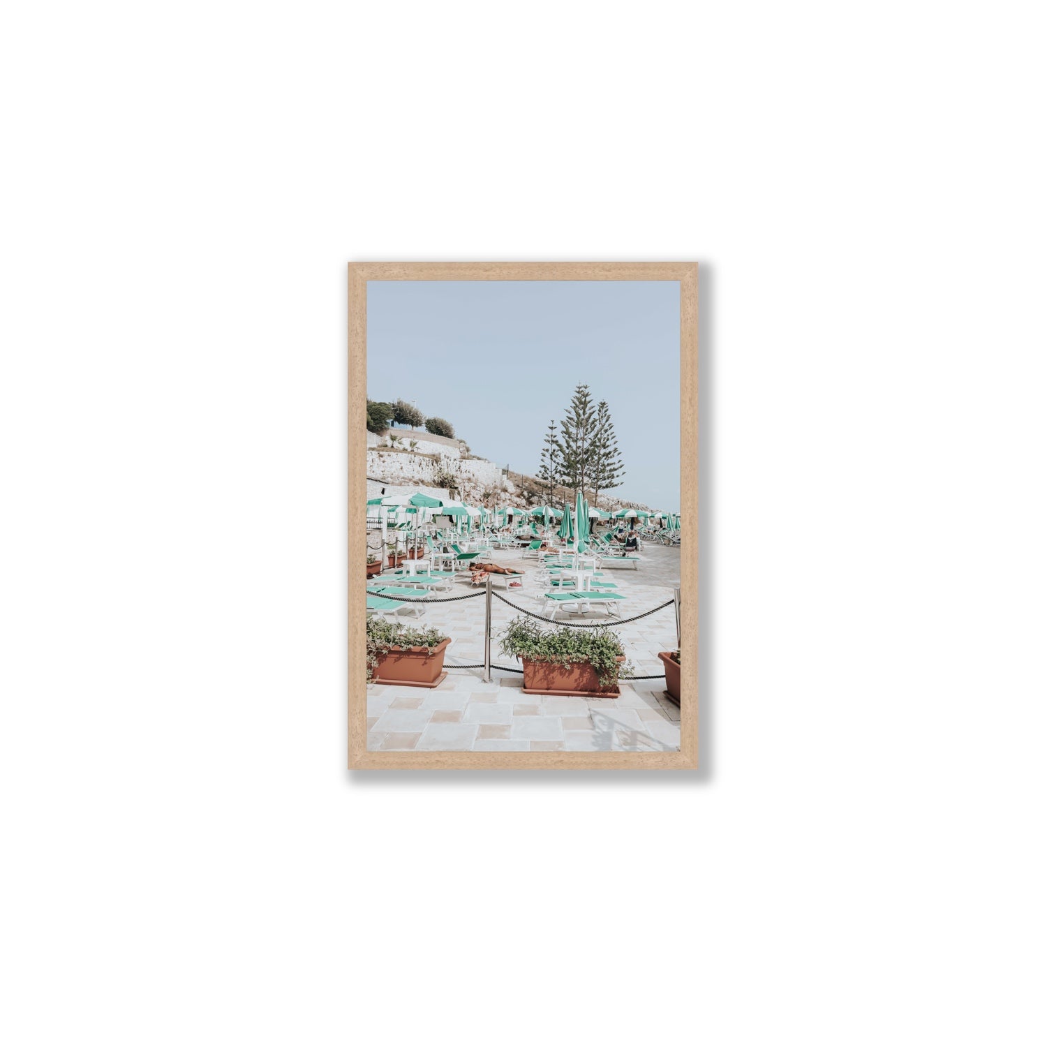 Siesta on The Terrace Puglia coastal wall art Medium full-bleed fine art print in natural oak frame