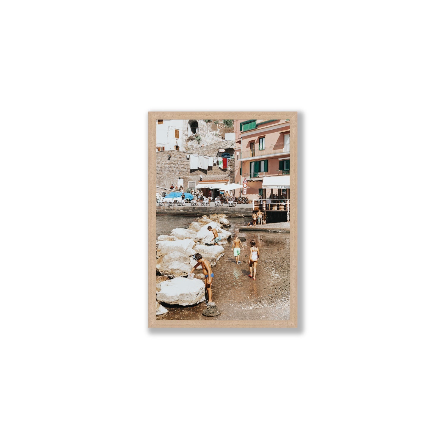 The Beachcombers Sorrento beach coastal wall art Medium full-bleed fine art print in natural oak frame