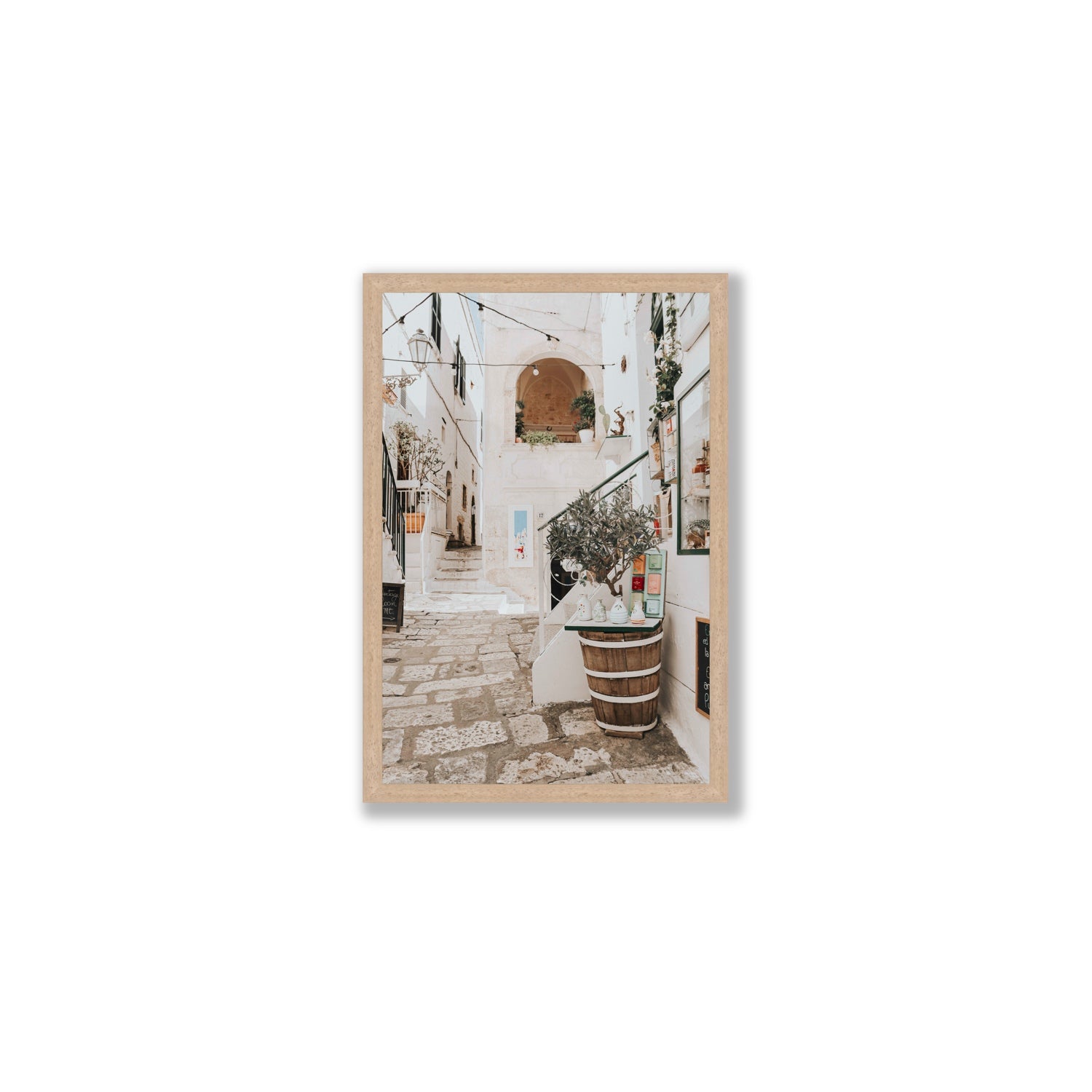 Olive Tree Lane Puglia Ostuni Mediterranean decor wall art Medium full-bleed fine art print in natural oak frame