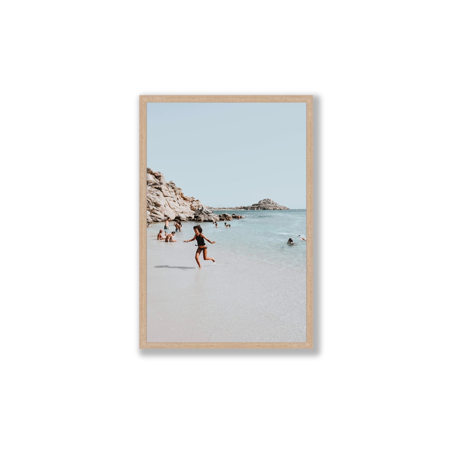 Skipping Angel Mykonos Greek island decor wall art Large full-bleed fine art print in natural oak frame