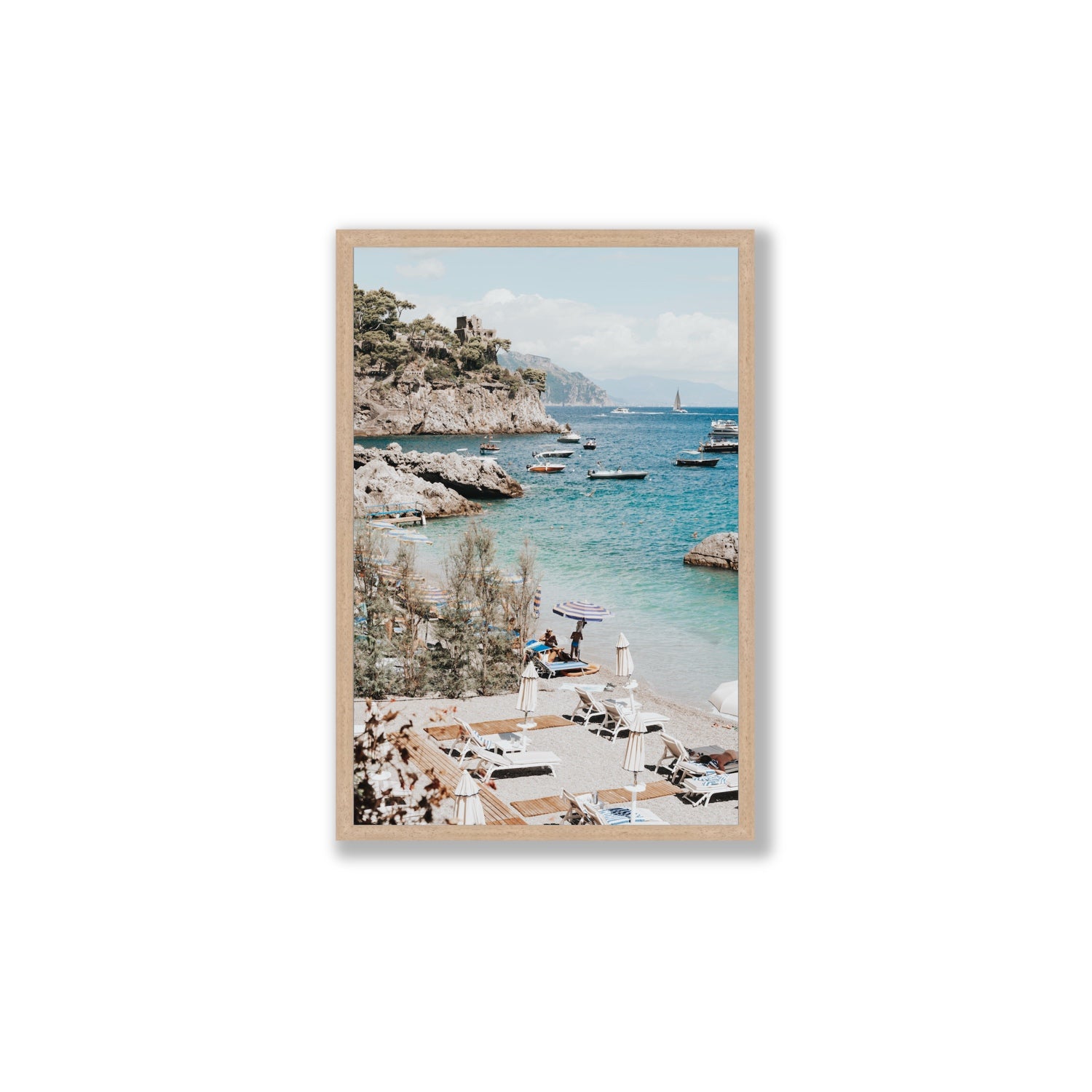 Sizzling Summer Days Amalfi coastal wall art Large full-bleed fine art print in natural oak frame