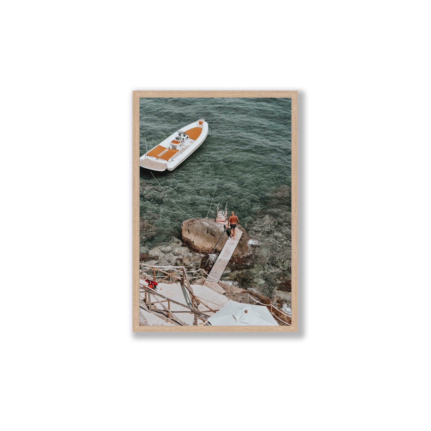 Secret Cove Tuscany coastal Italian wall art Large full-bleed fine art print in natural oak frame