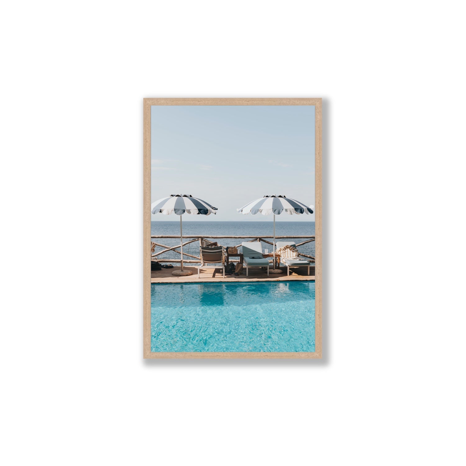 Beach Retreat fine art print, Ischia, Italy, european beach clubs artwork, Large, Natural Oak Frame · Full Bleed, Fine Art Print