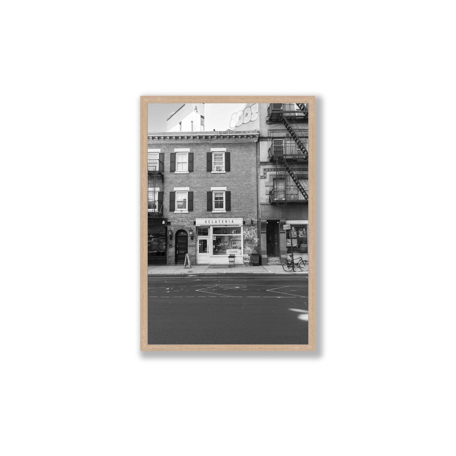 Gelateria New York NYC Black & White wall art Large full-bleed fine art print in natural oak frame
