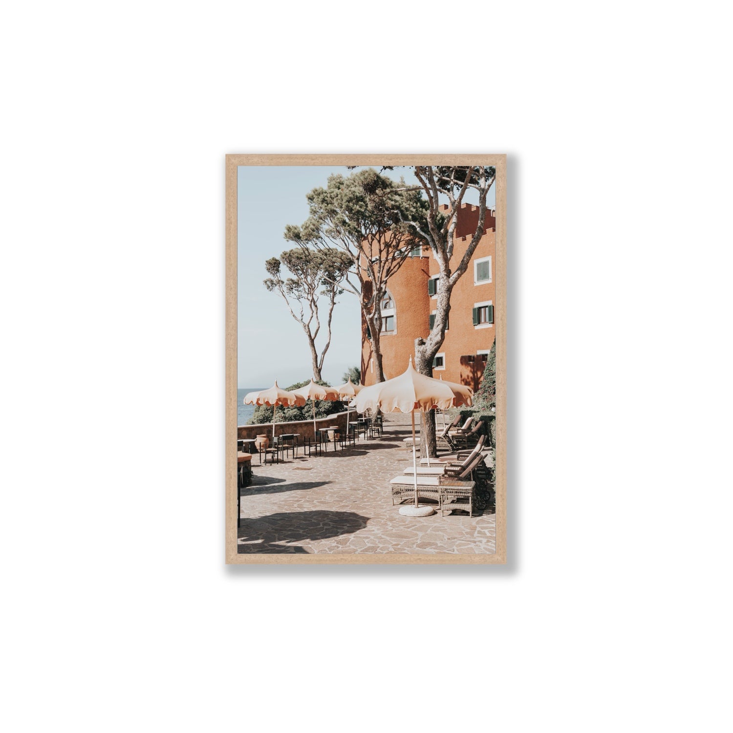 Mezzatorre Ischia Italian Mediterranean decor wall art Large full-bleed fine art print in natural oak frame