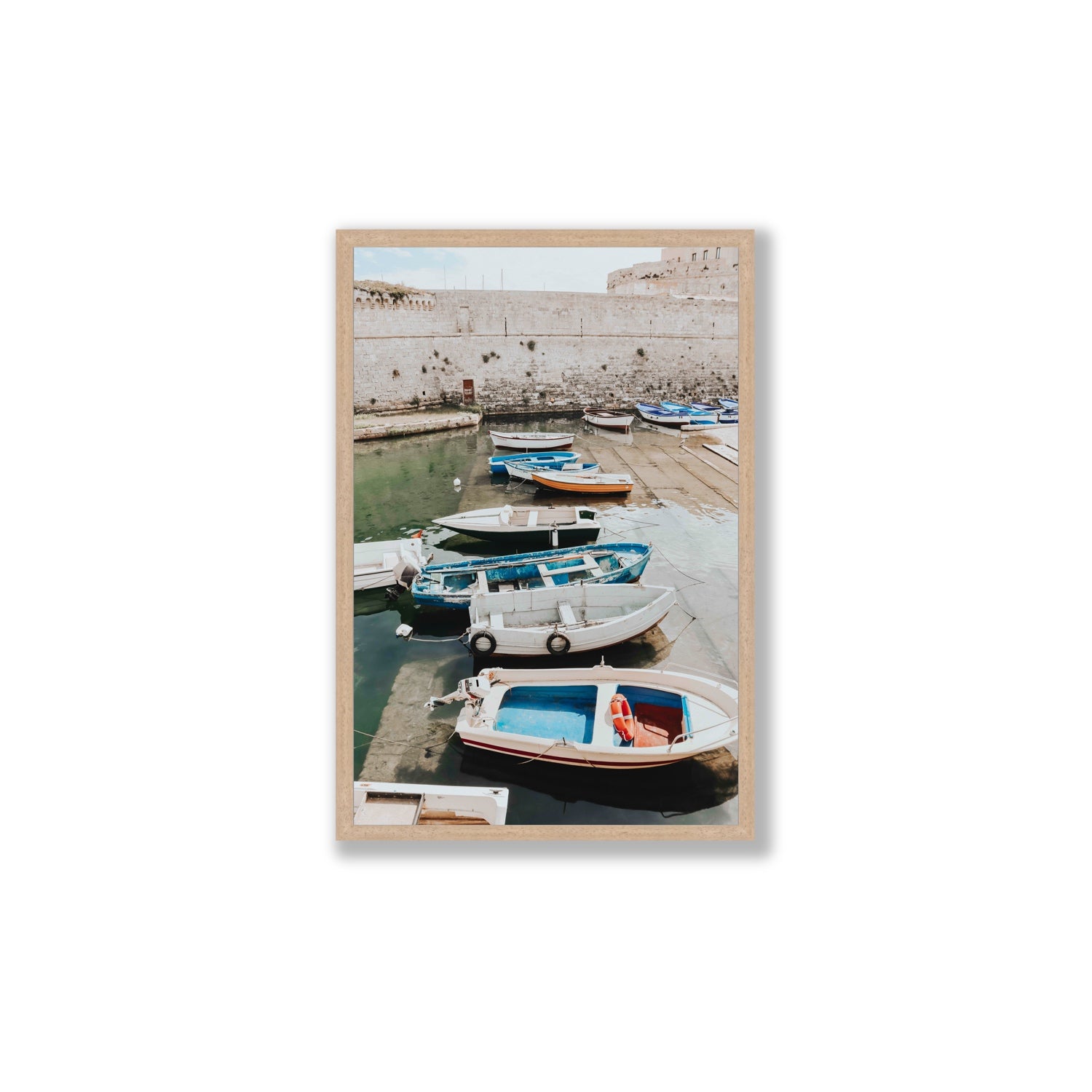 Harbour Palette Puglia coastal photography wall art Large full-bleed fine art print in natural oak frame
