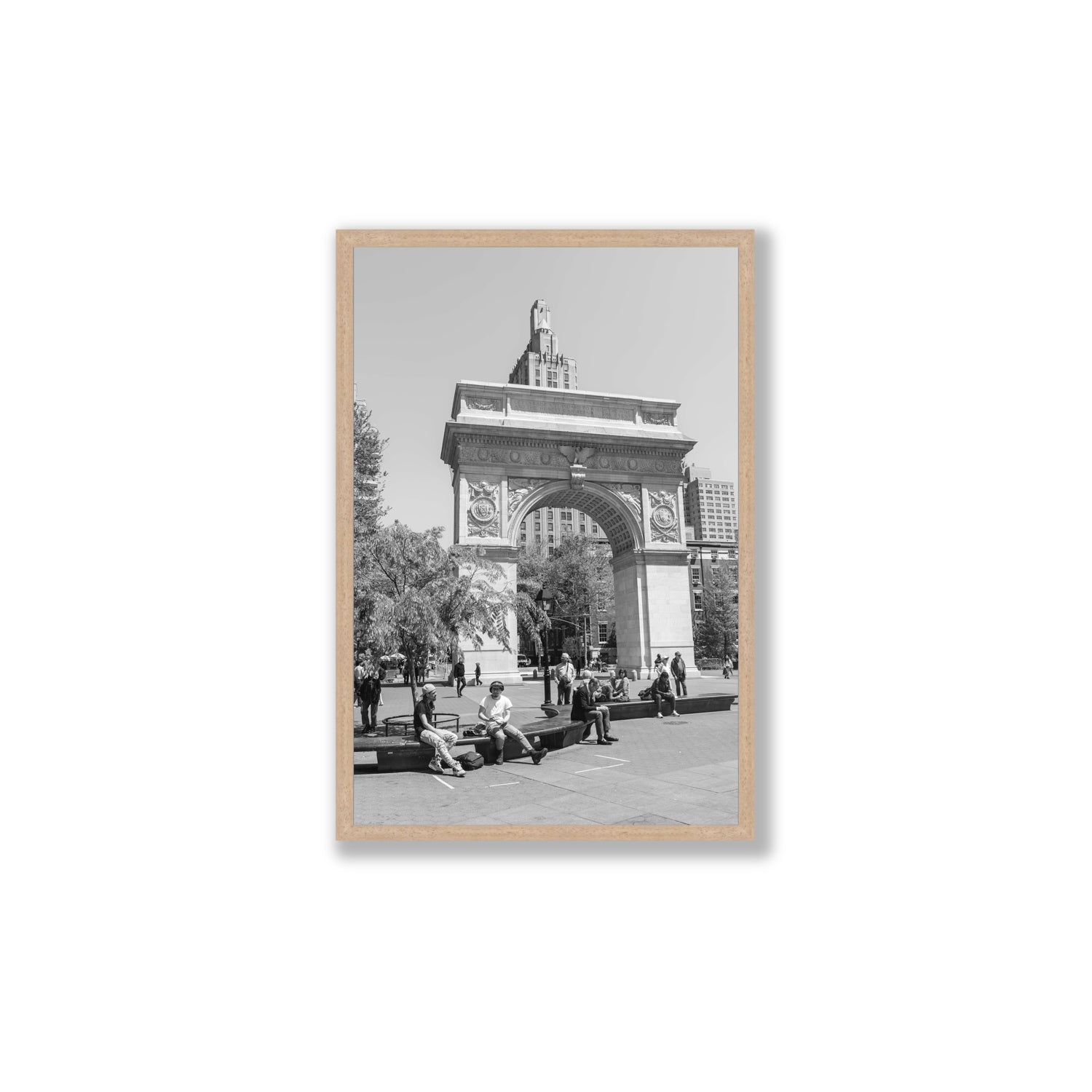 City Picnic New York NYC Black & White wall art Large full-bleed fine art print in natural oak frame