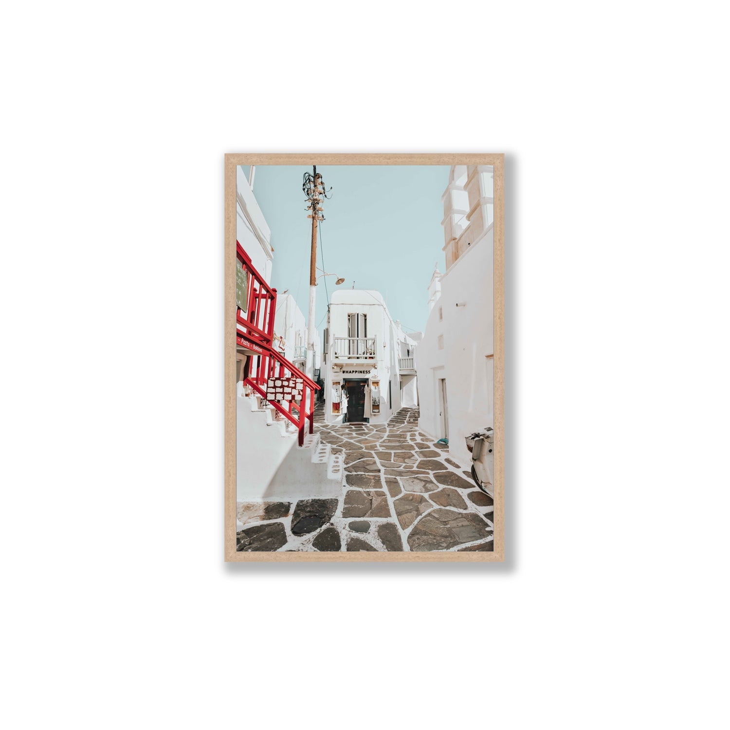 Happiness Mykonos Greek island wall art Large full-bleed fine art print in natural oak frame