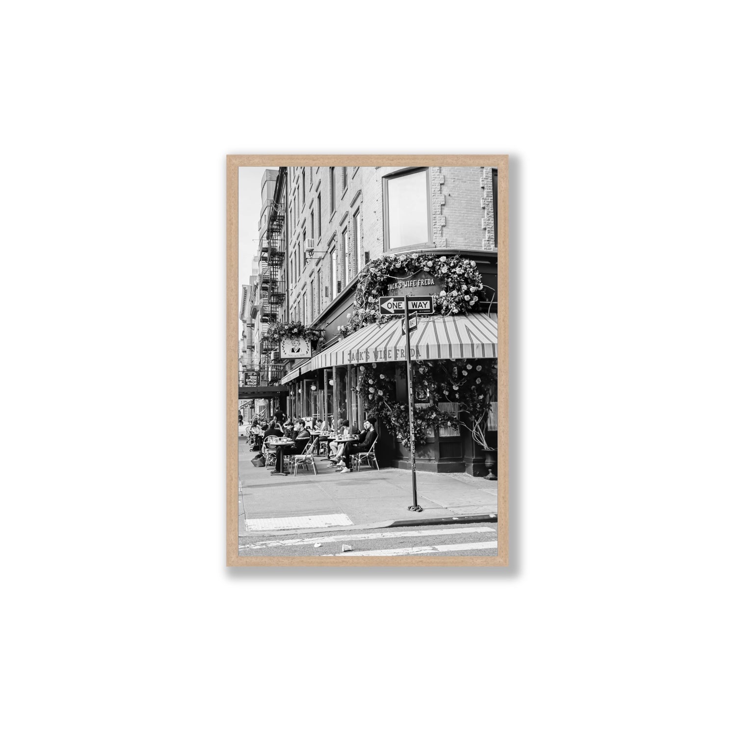 Freda's Feast New York NYC Black & White wall art Large full-bleed fine art print in natural oak frame