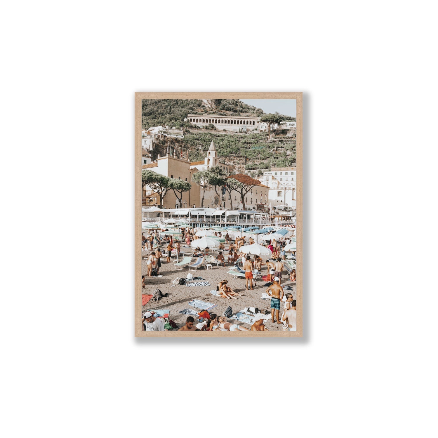Festa In Spiaggia Amalfi coastal wall art Large full-bleed fine art print in natural oak frame